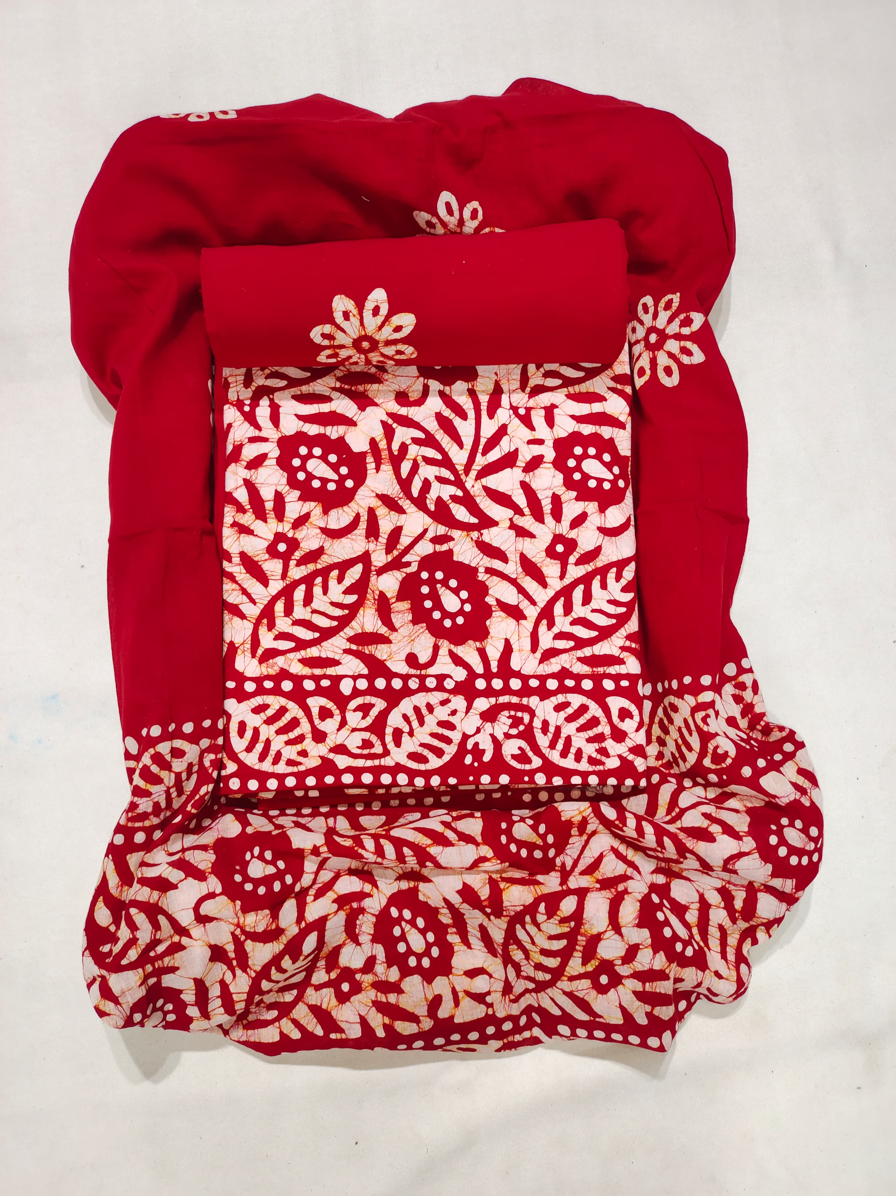 Red Hand Block Printed Churidar Material With Dupatta