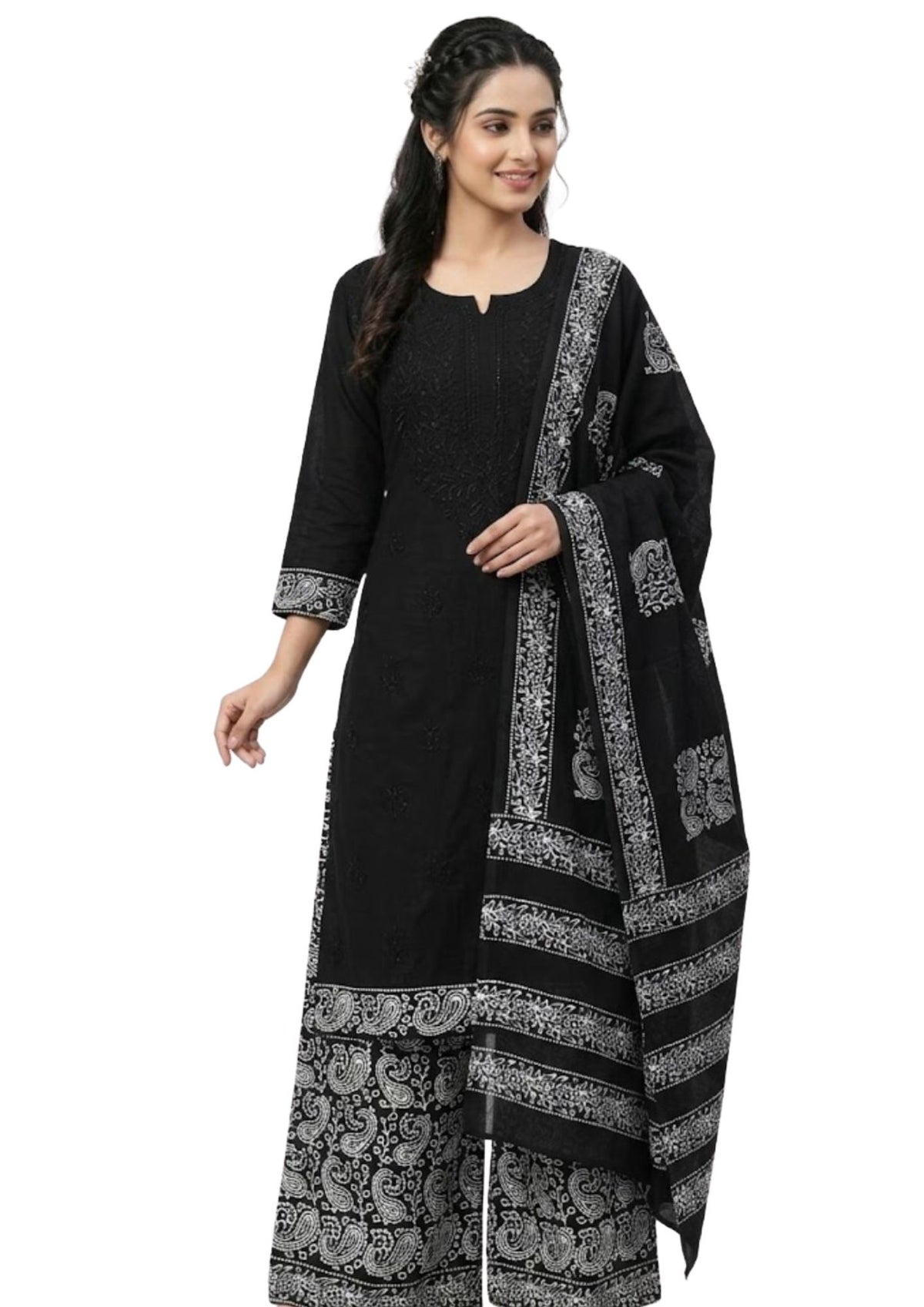 Pure Cotton Batik Lucknowi Black Unstitched Dress Material with Cotton Dupatta (Summer Wear)