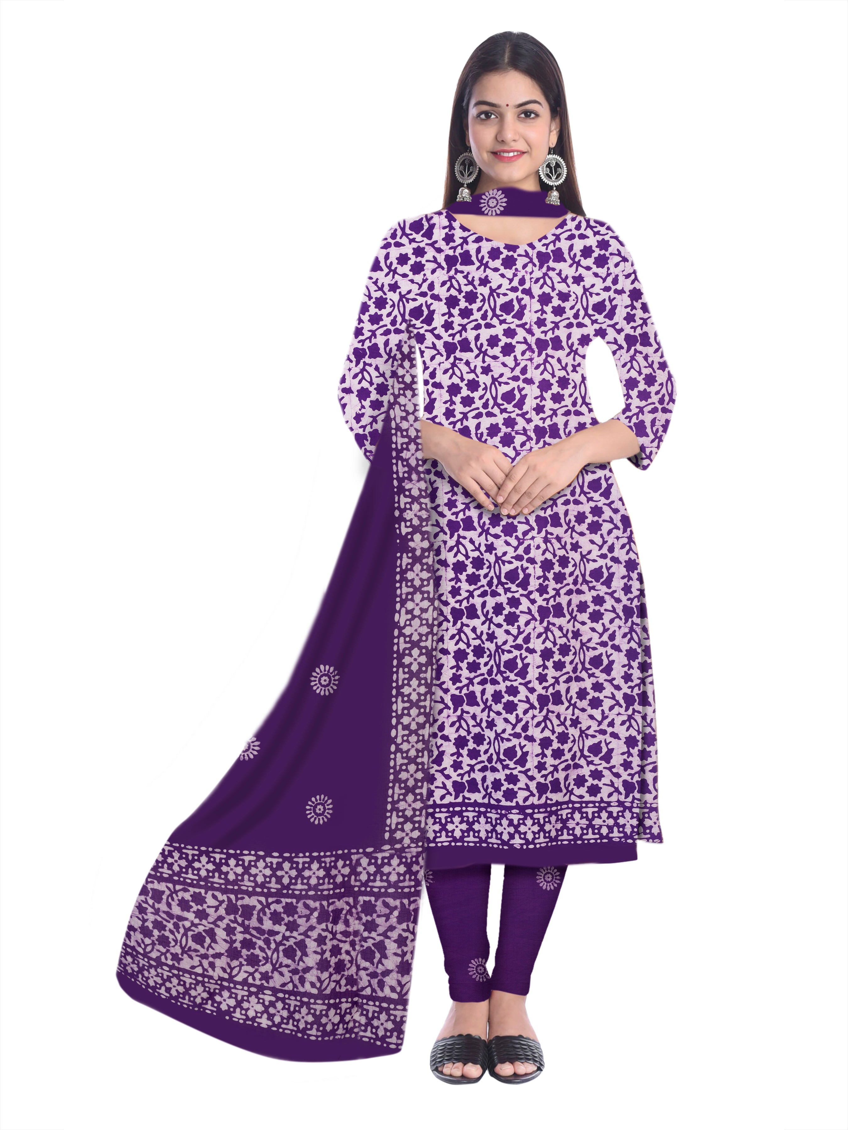 Purple Ethnic Batik Print Cotton Dress Material With Dupatta