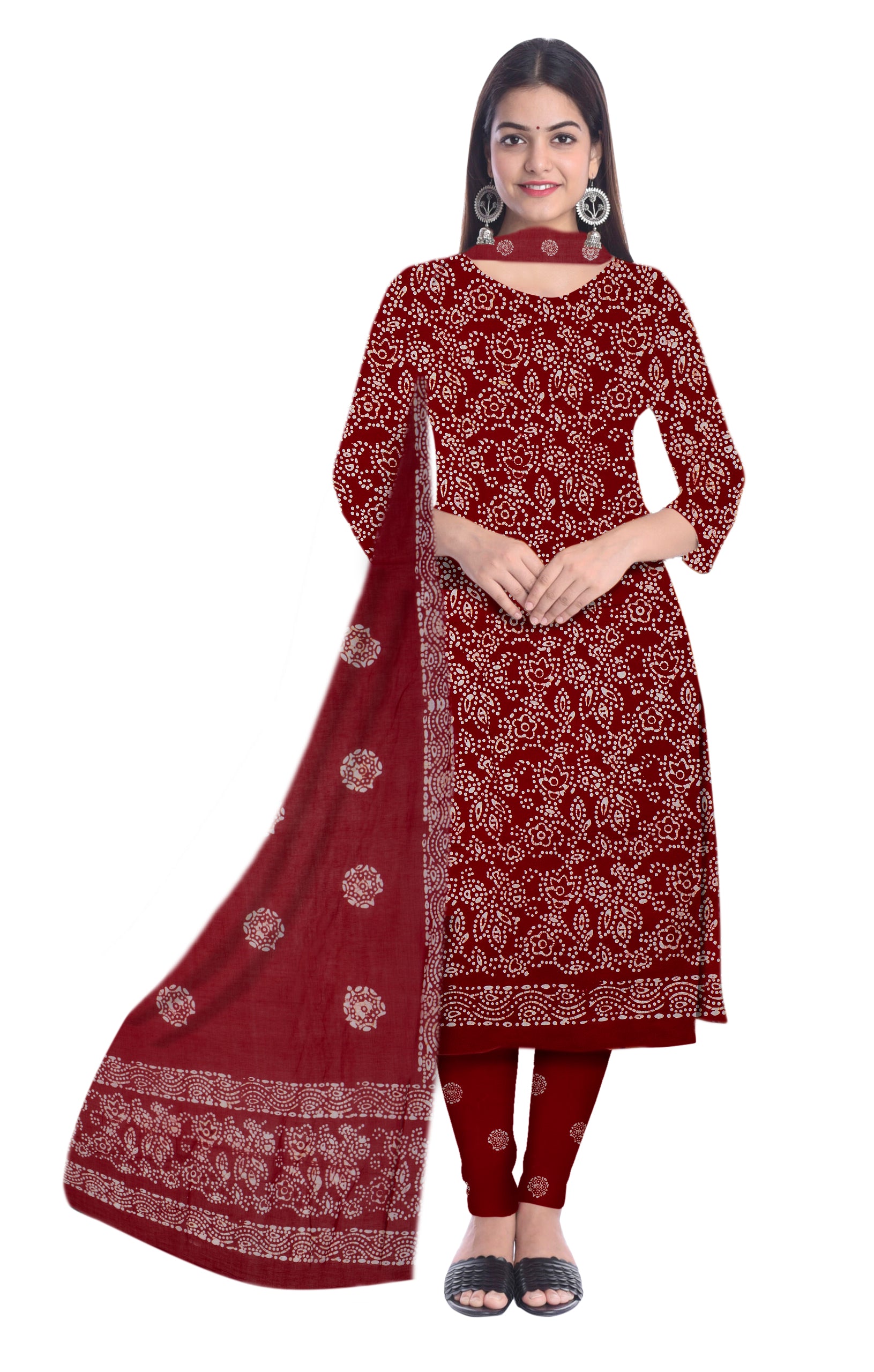 Red Elegant Printed Cotton Suit Set With Dupatta