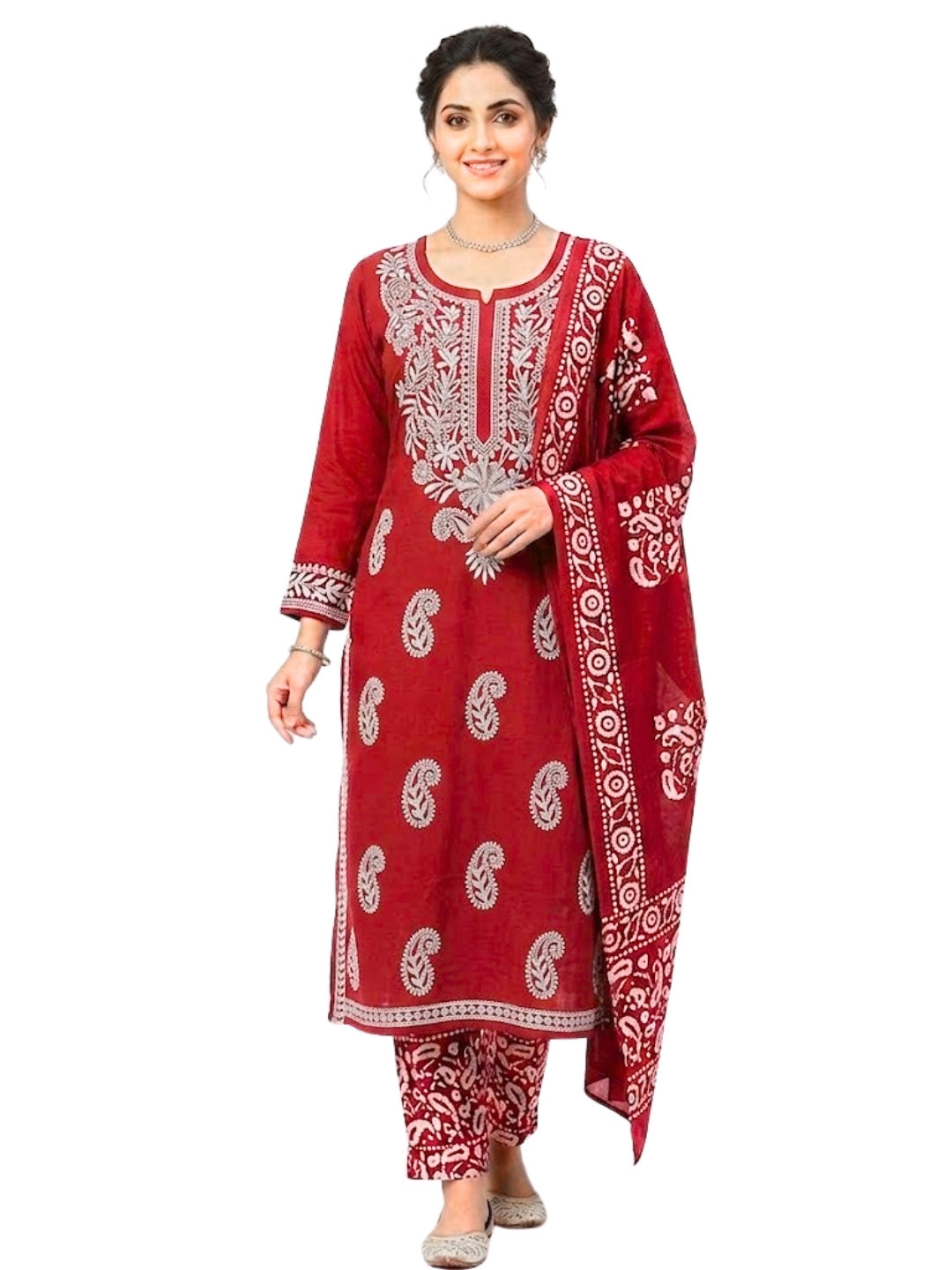 Pure Cotton Batik Lucknowi Red & White Unstitched Dress Material with Cotton Dupatta (Everyday Wear)