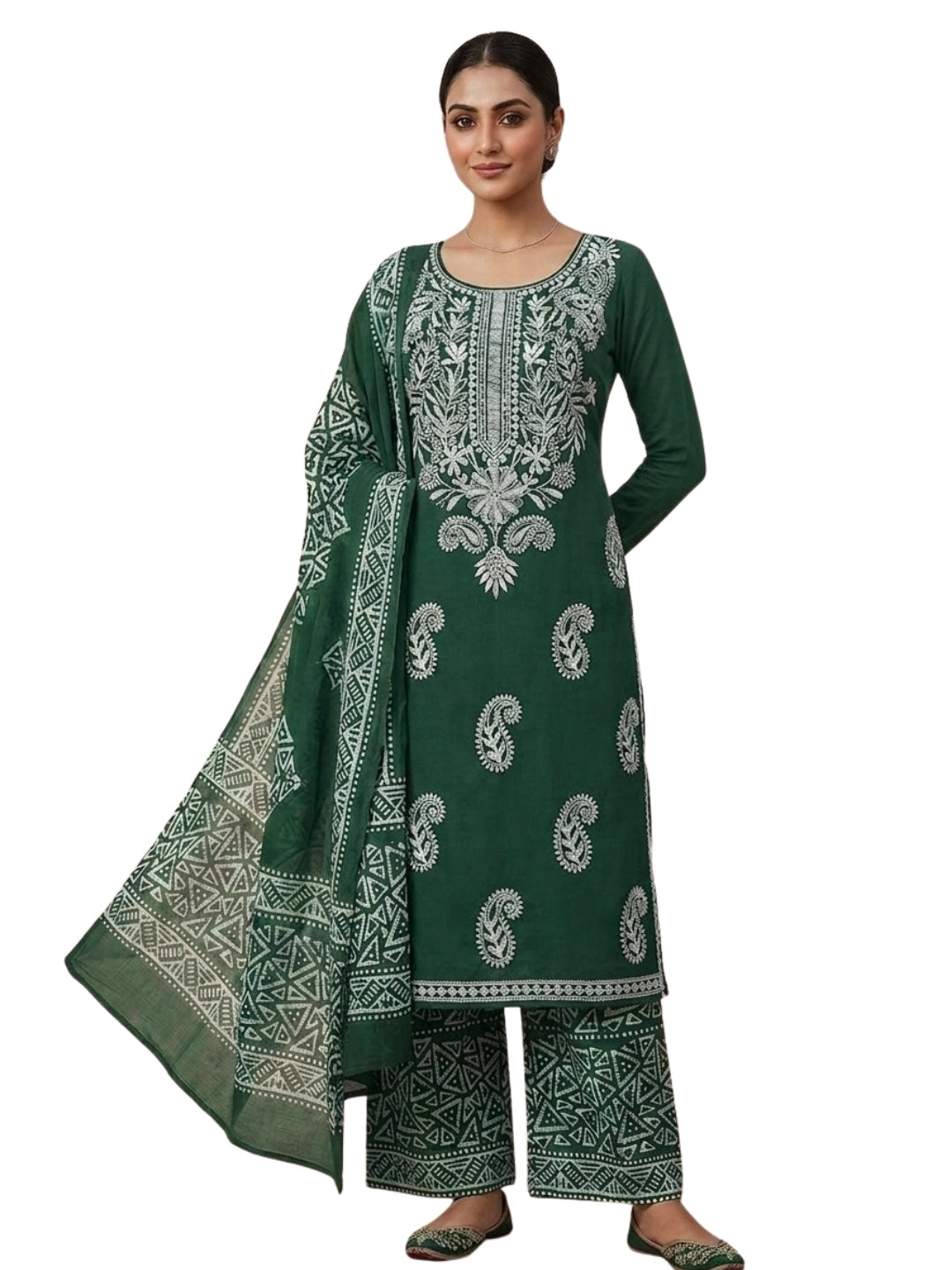 Pure Cotton Batik Lucknowi Green & White Unstitched Dress Material with Cotton Dupatta (Office Wear)