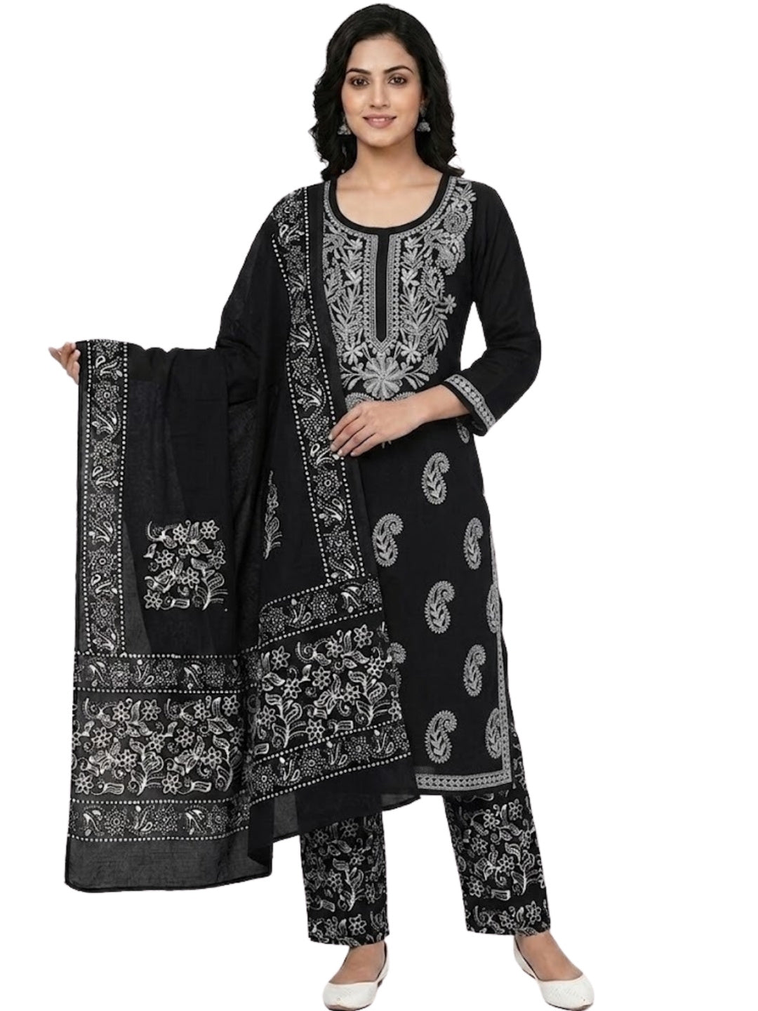 Pure Cotton Batik Lucknowi Black & White Unstitched Dress Material with Cotton Dupatta (Everyday Wear)