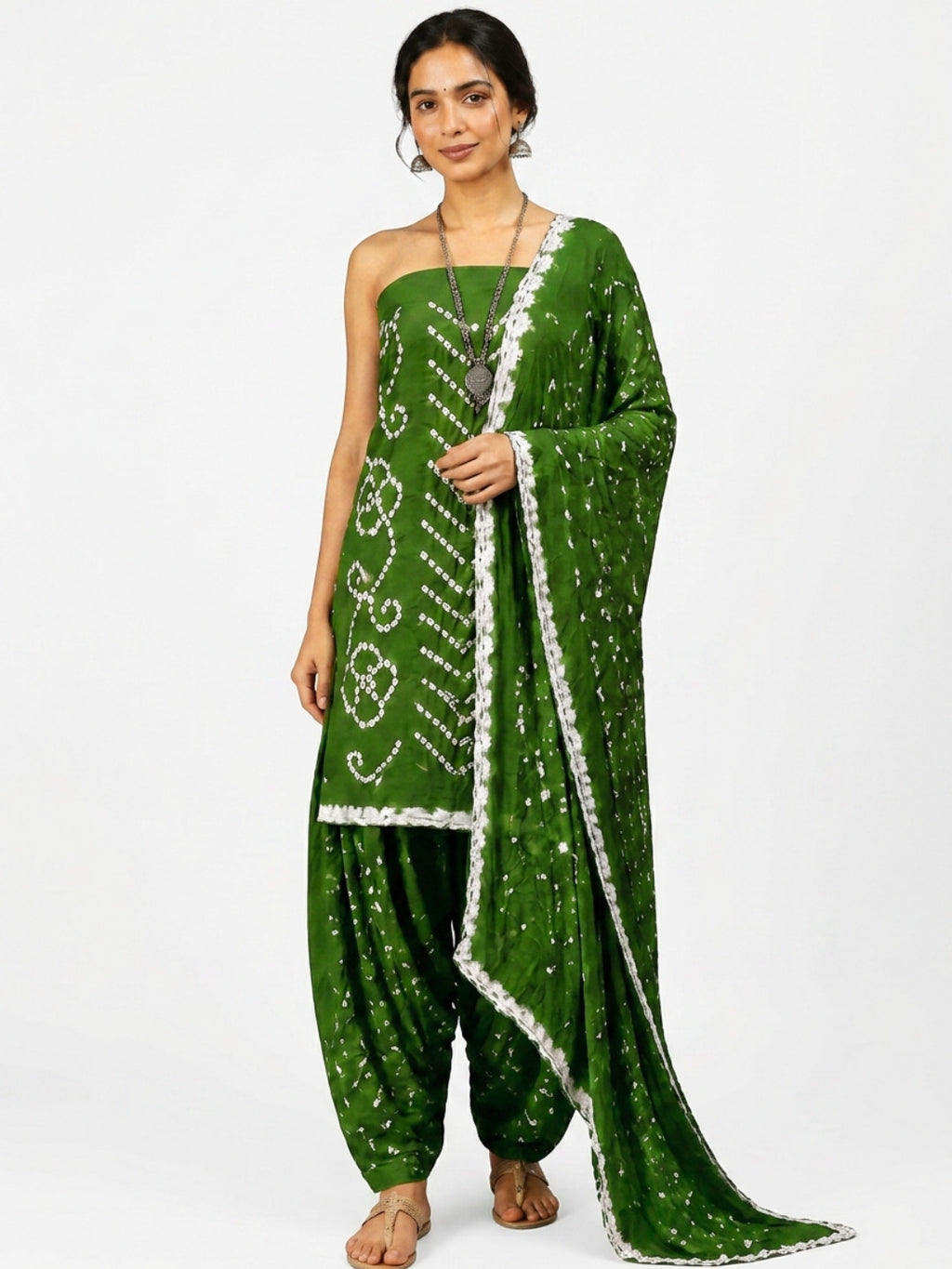 Pure Cotton Handcrafted Bandhani Suit Set With Dupatta – Olive Green Rajkot Collection