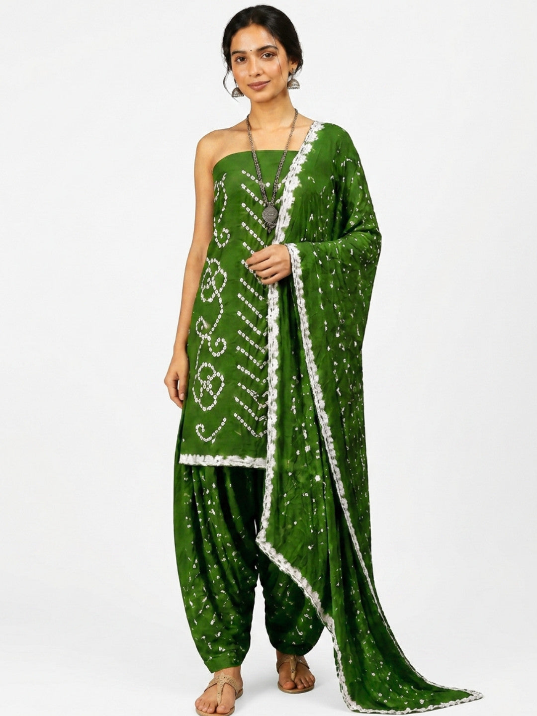 Pure Cotton Handcrafted Bandhani Suit Set With Dupatta – Olive Green Rajkot Collection