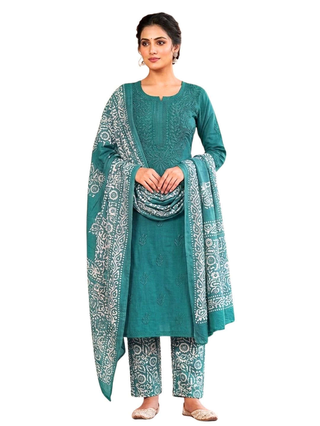 Pure Cotton Batik Lucknowi Teal Green Unstitched Dress Material with Cotton Dupatta (Office Wear)