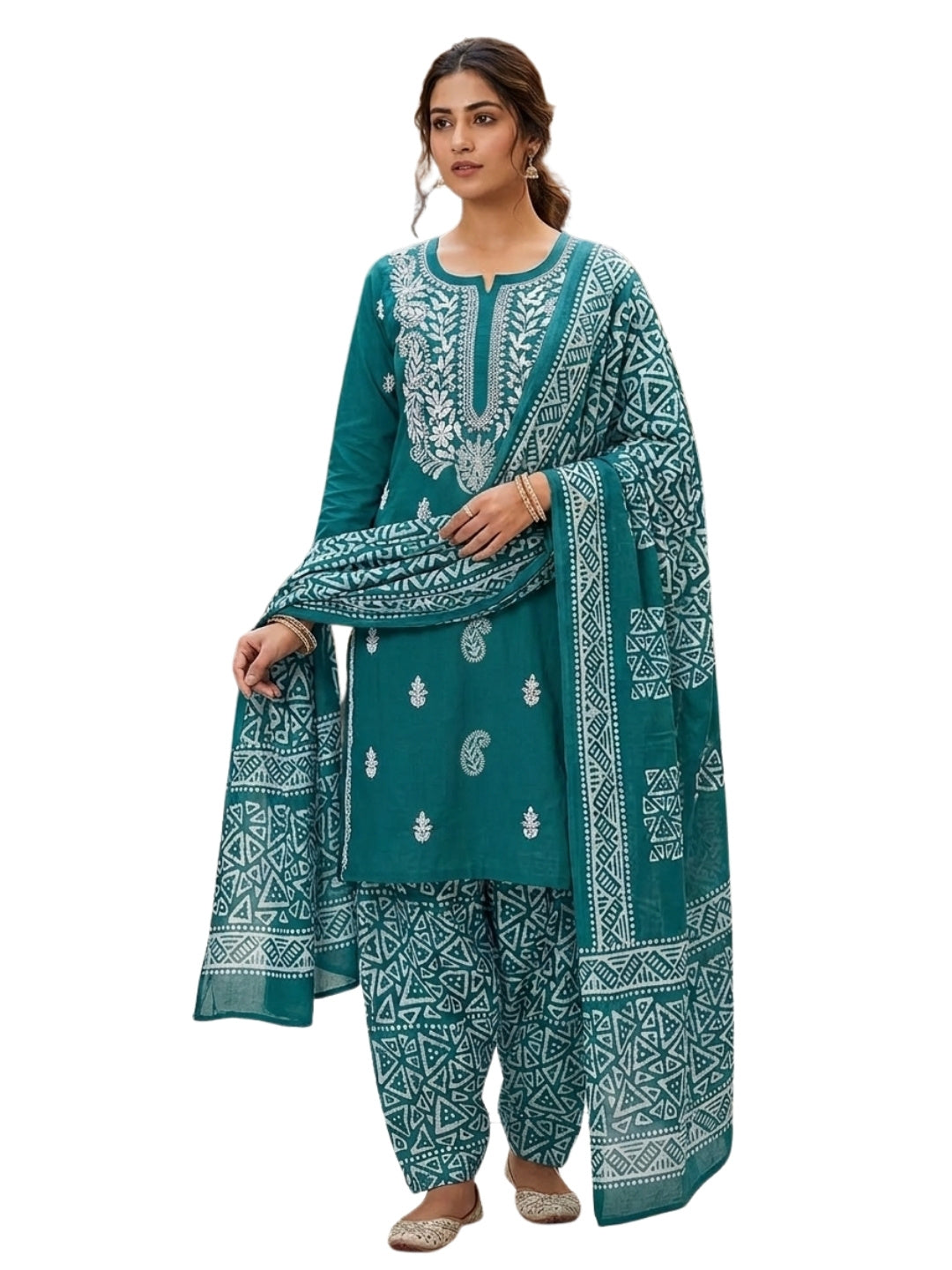 Pure Cotton Batik Lucknowi Teal Green & White Unstitched Dress Material with Cotton Dupatta (Casual Wear)