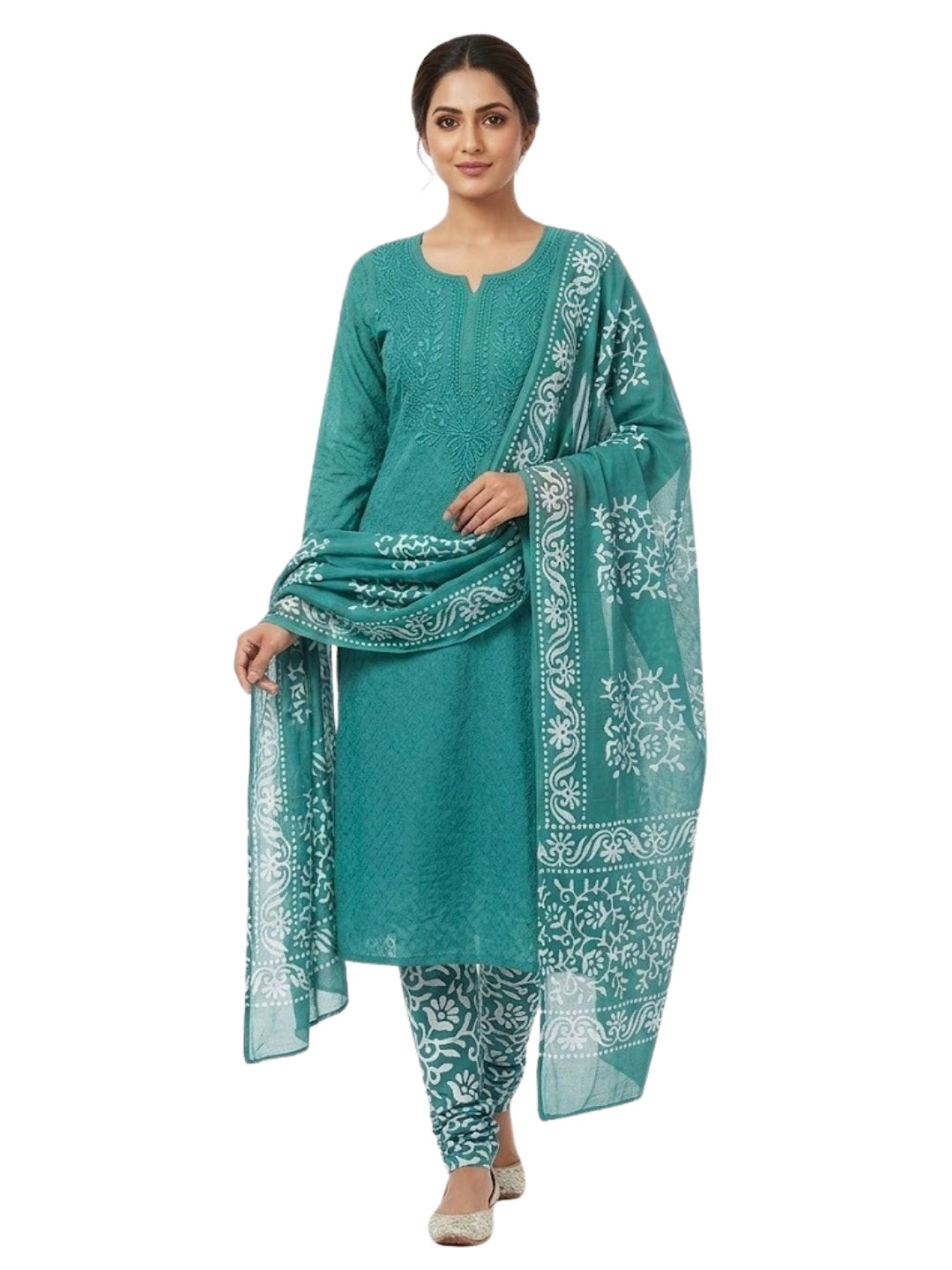 Pure Cotton Batik Lucknowi Teal Green Unstitched Dress Material with Cotton Dupatta (Occasion Wear)
