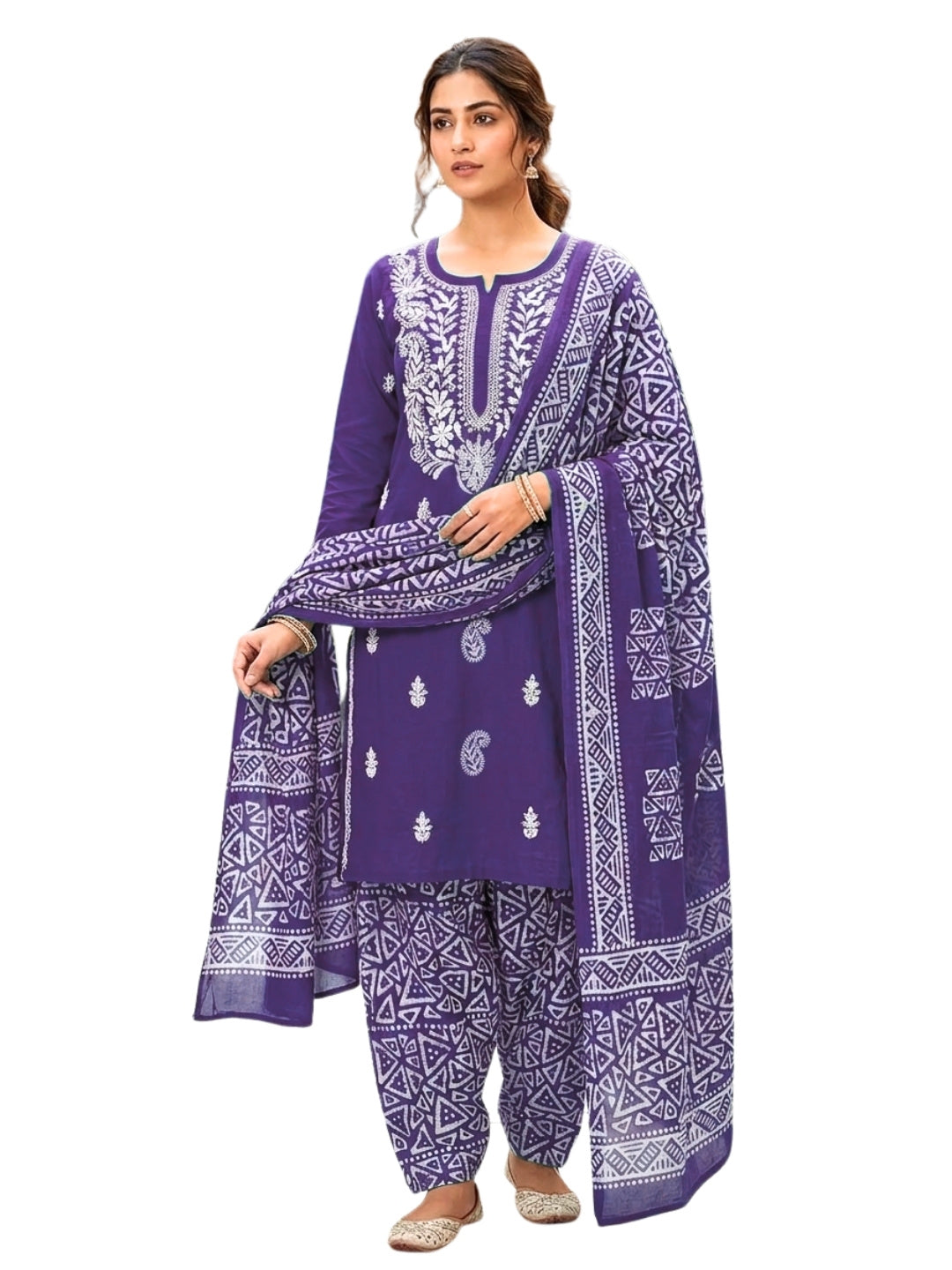 Pure Cotton Batik Lucknowi Purple & White Unstitched Dress Material with Cotton Dupatta (Summer Wear)