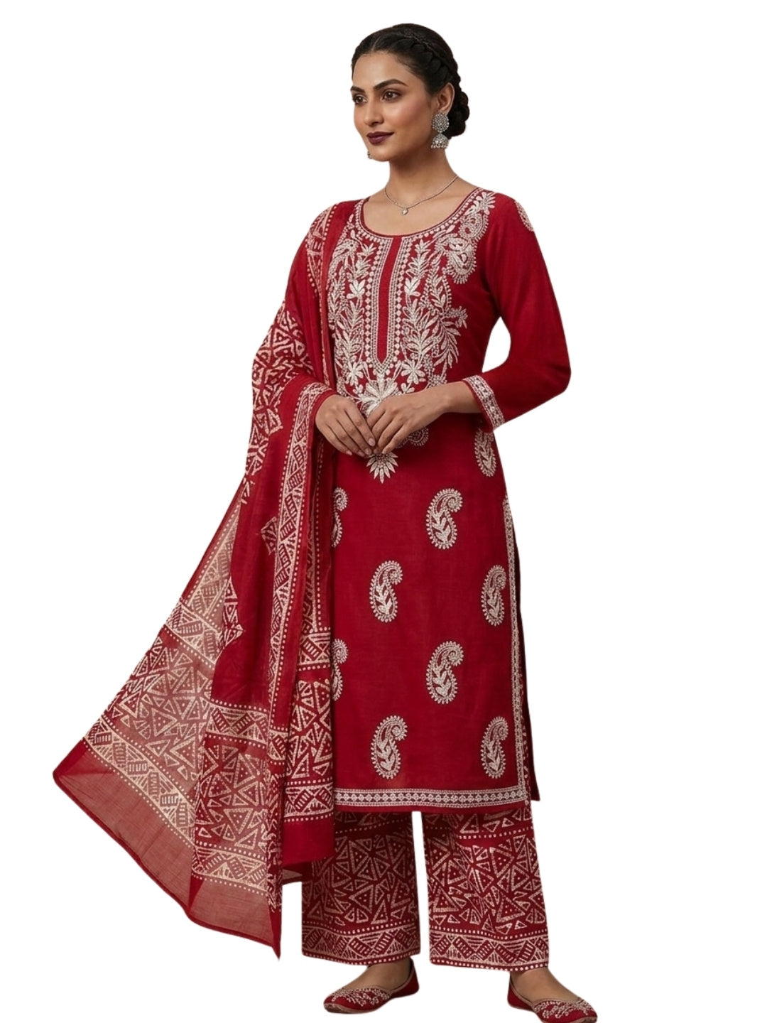 Pure Cotton Batik Lucknowi Red & White Unstitched Dress Material with Cotton Dupatta (Daily Wear)