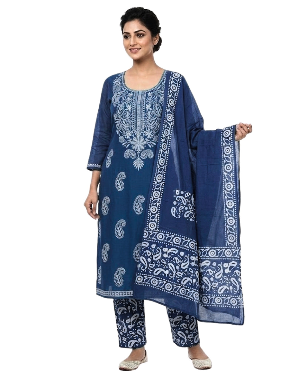 Pure Cotton Batik Lucknowi Indigo & White Unstitched Dress Material with Cotton Dupatta (Office Wear)