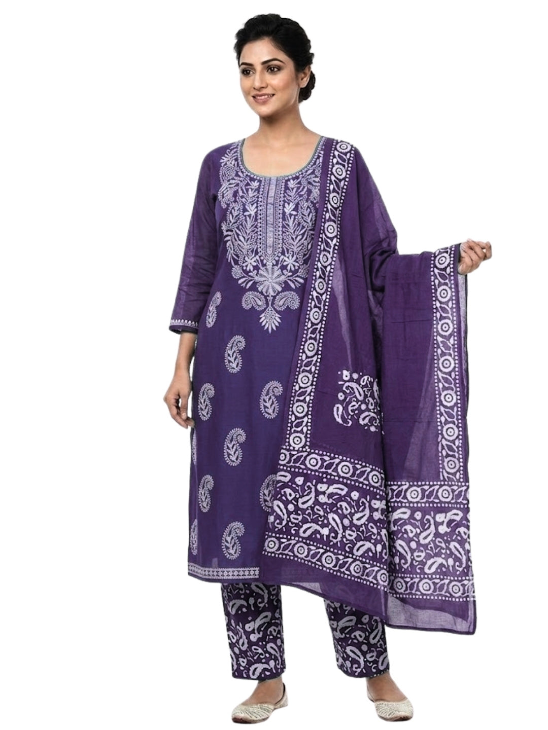 Pure Cotton Batik Lucknowi Purple & White Unstitched Dress Material with Cotton Dupatta (Ethnic Wear)