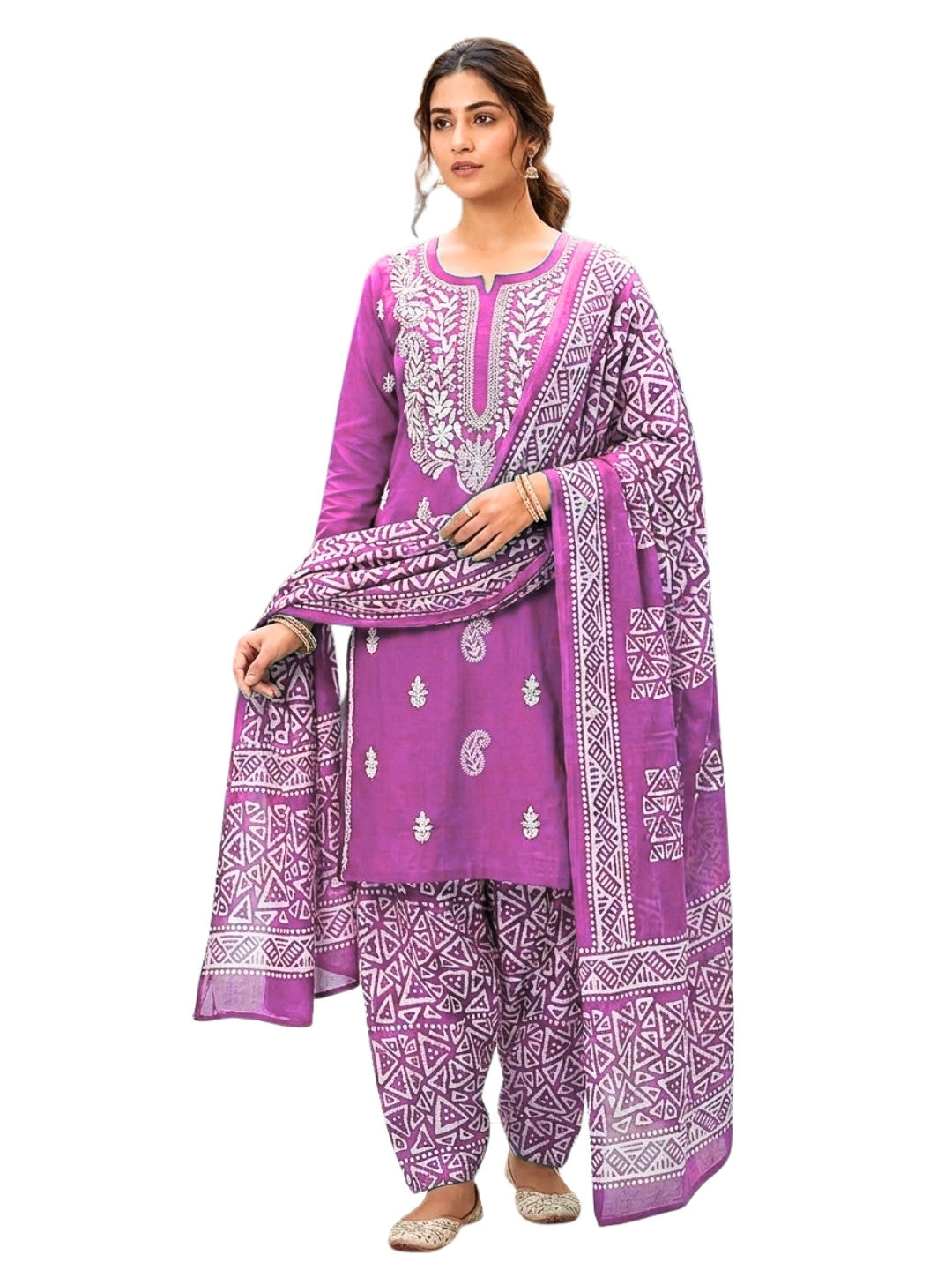 Pure Cotton Batik Lucknowi Magenta & White Unstitched Dress Material with Cotton Dupatta (Festive Wear)
