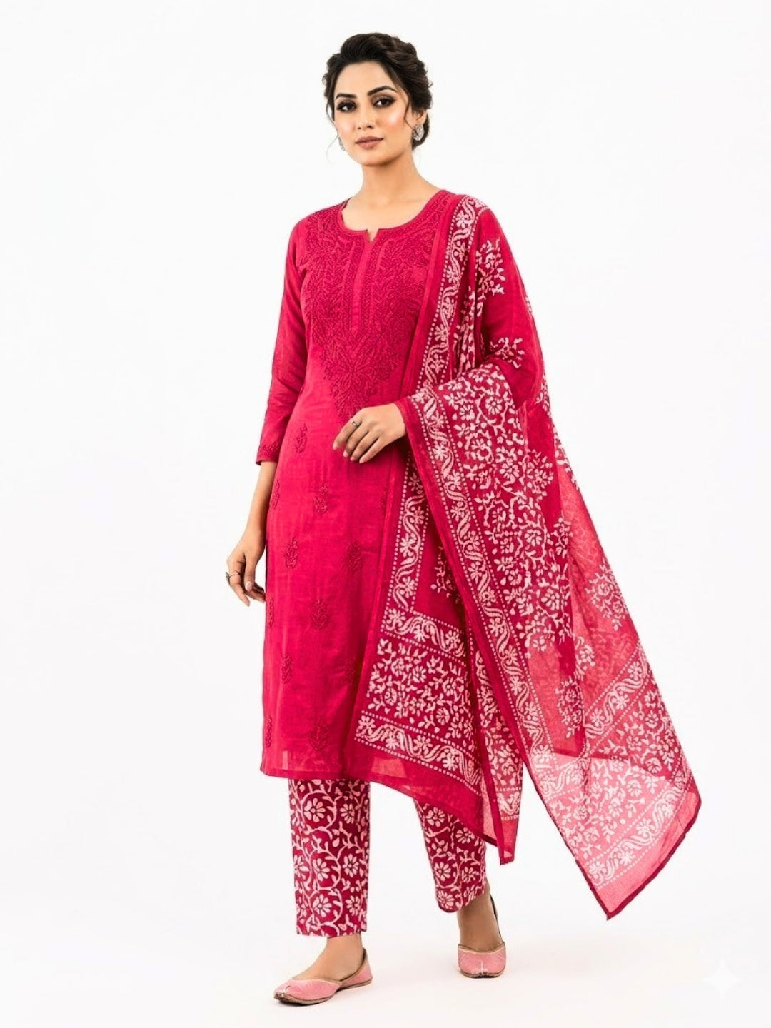 Pure Cotton Batik Lucknowi Pink Unstitched Dress Material with Cotton Dupatta (Casual Wear)