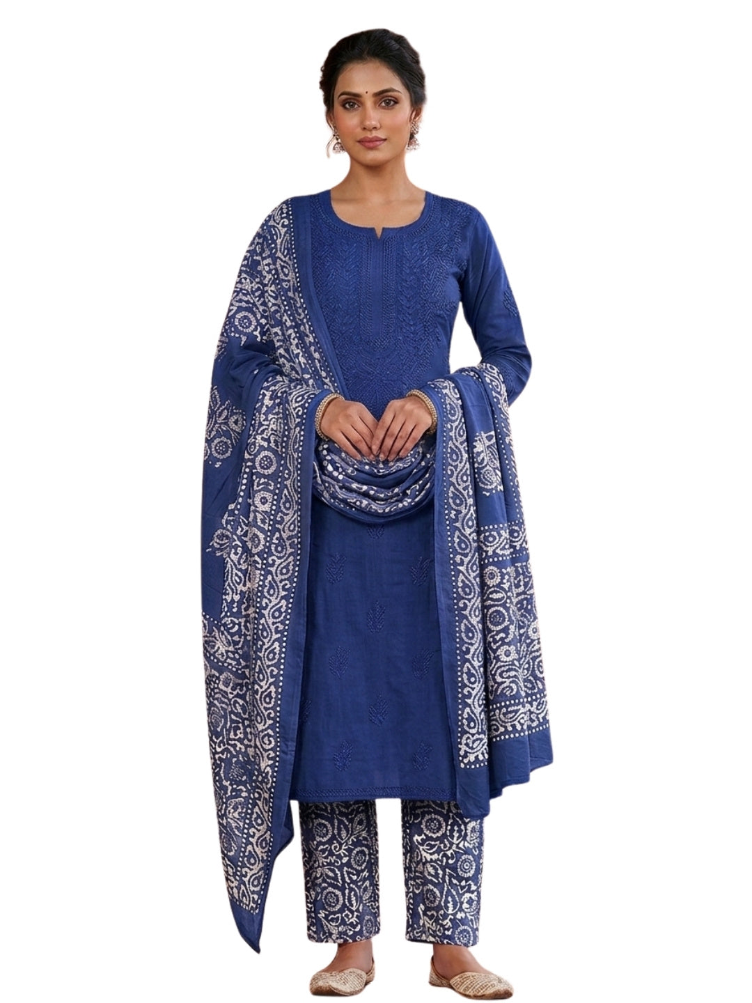 Pure Cotton Batik Lucknowi Blue Unstitched Dress Material with Cotton Dupatta (Everyday Wear)