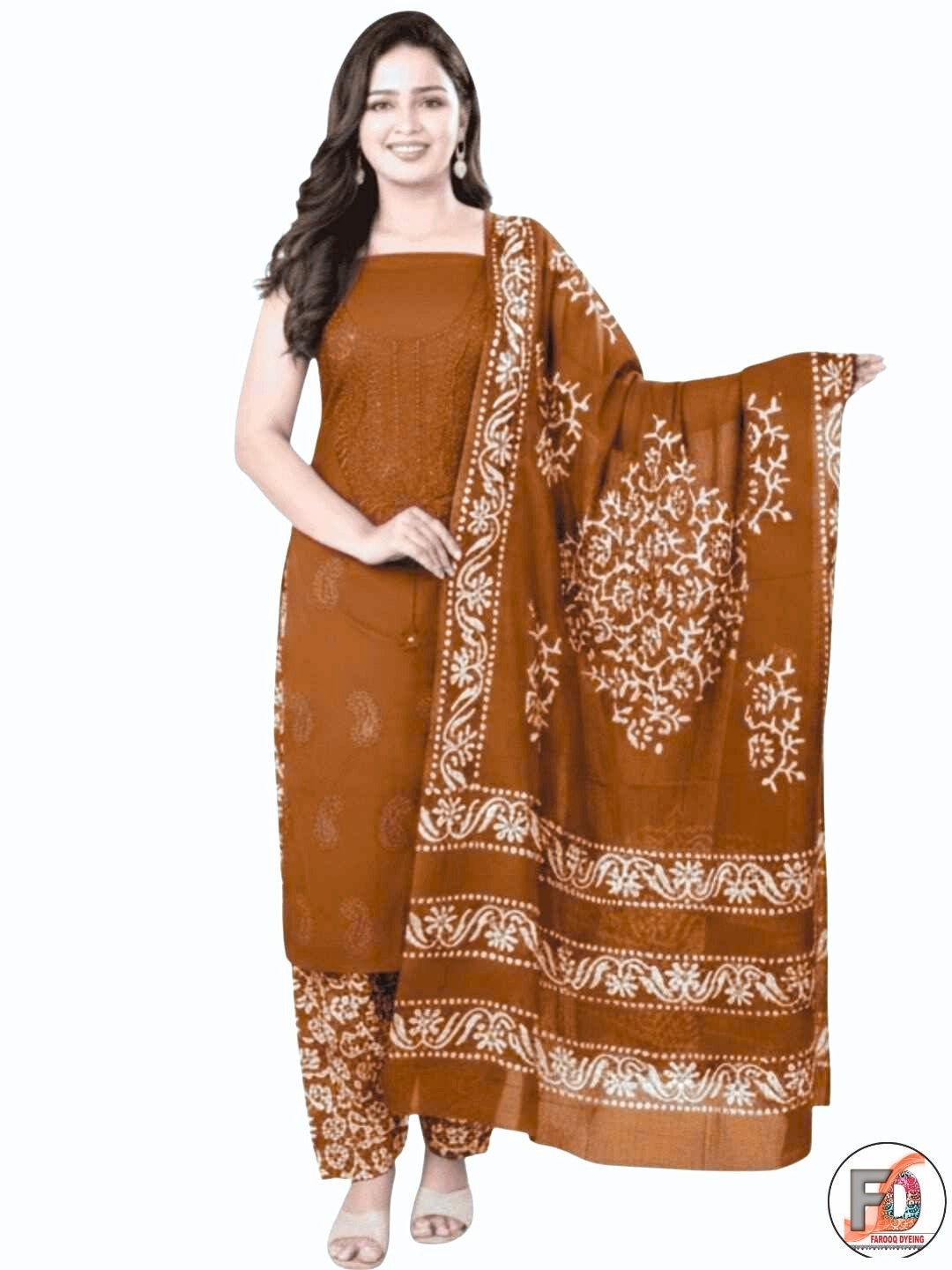 Pure Cotton Batik Lucknowi Brown Unstitched Dress Material with Cotton Dupatta (Ethnic Wear)