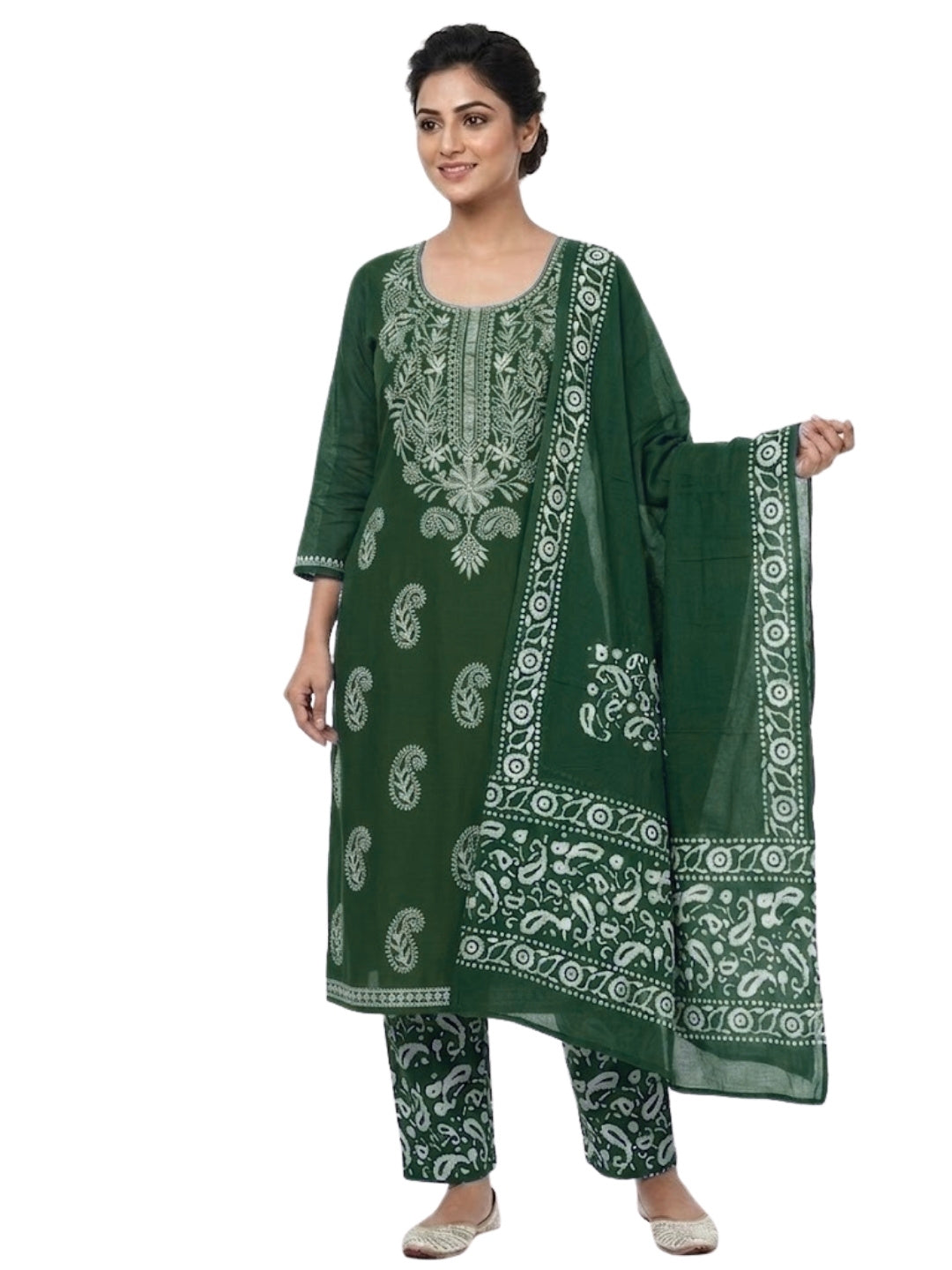 Pure Cotton Batik Lucknowi Green & White Unstitched Dress Material with Cotton Dupatta (Summer Wear)