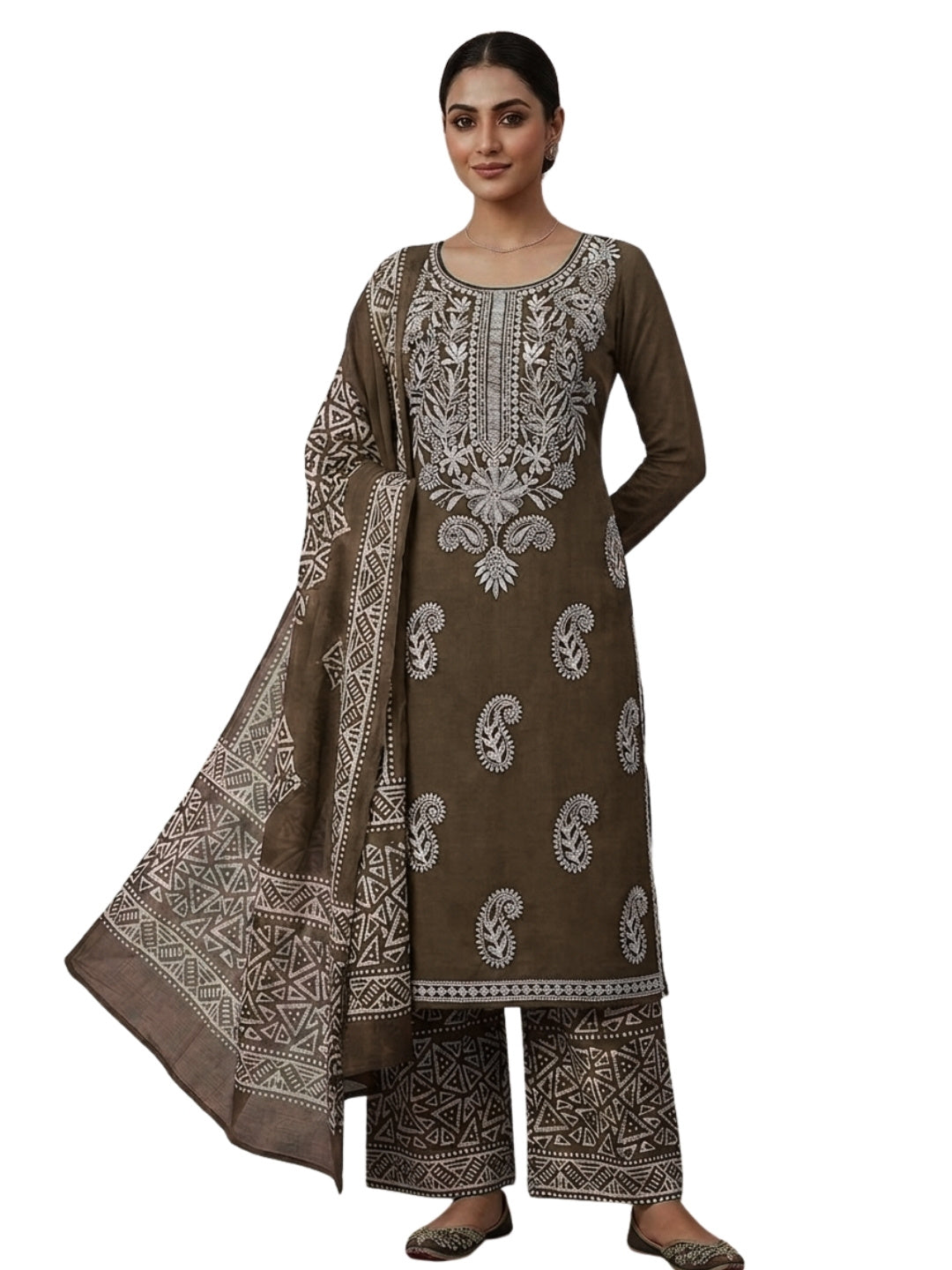 Pure Cotton Batik Lucknowi Lakda Brown & White Unstitched Dress Material with Cotton Dupatta (Daily Wear)