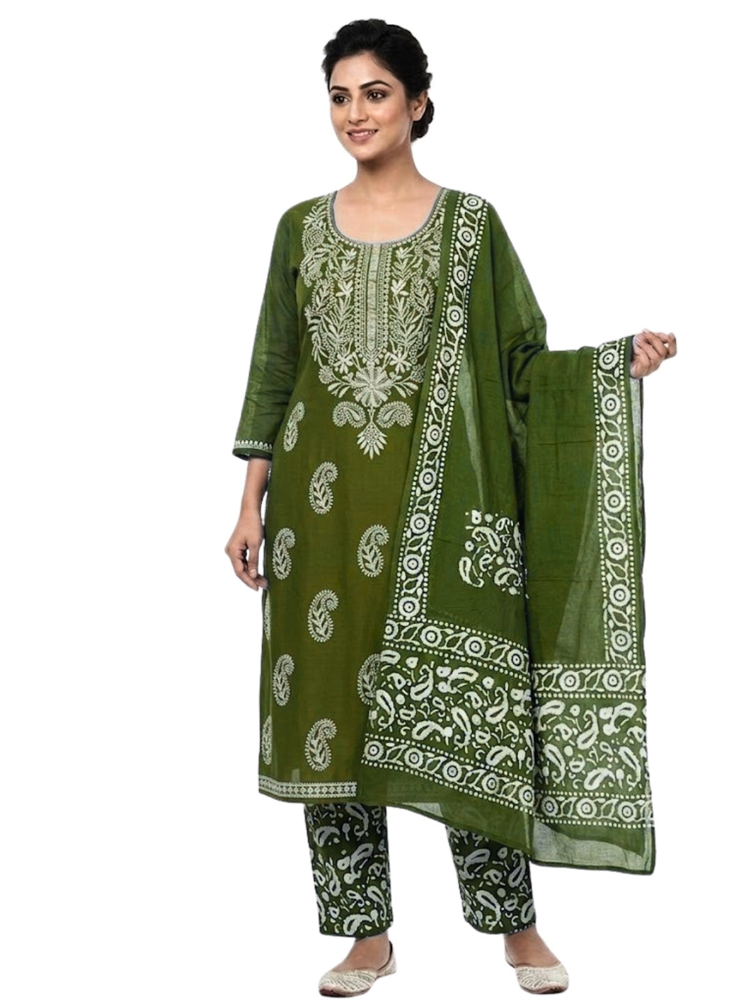 Pure Cotton Batik Lucknowi Mehndi Green & White Unstitched Dress Material with Cotton Dupatta (Ethnic Wear)