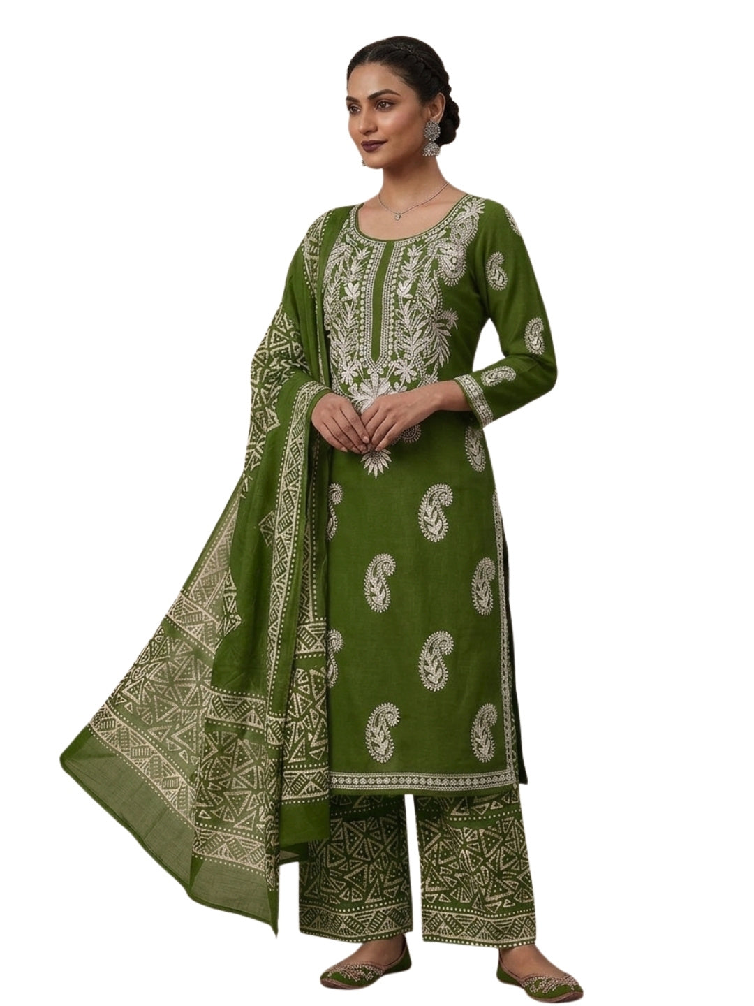 Pure Cotton Batik Lucknowi Mehndi Green & White Unstitched Dress Material with Cotton Dupatta (Occasion Wear)