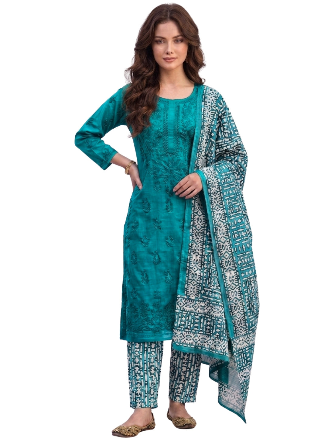 Pure Cotton Batik Lucknowi Teal Green Unstitched Dress Material with Cotton Dupatta (Daily Wear)