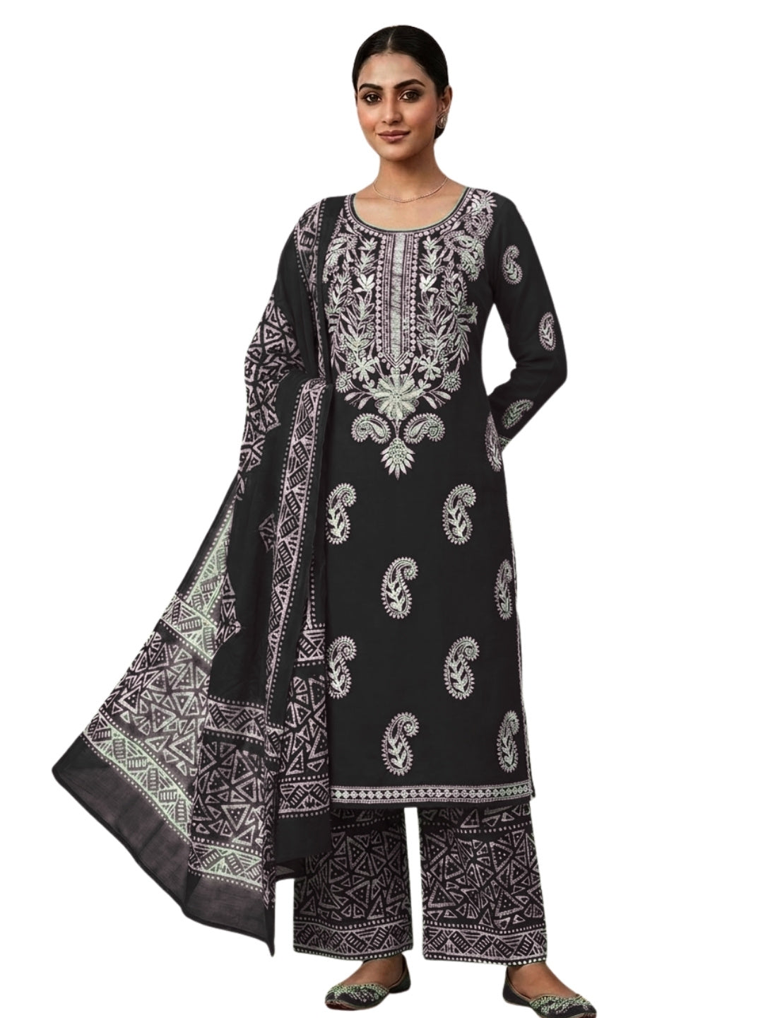 Pure Cotton Batik Lucknowi Black & White Unstitched Dress Material with Cotton Dupatta (Daily Wear)