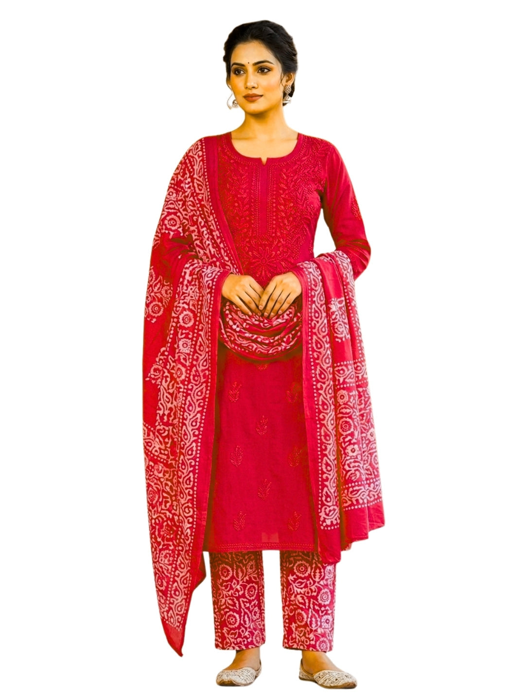 Pure Cotton Batik Lucknowi Pink Unstitched Dress Material with Cotton Dupatta (Occasion Wear)
