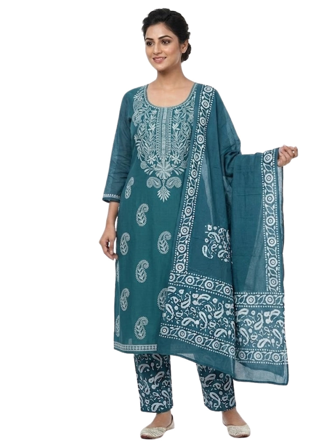 Pure Cotton Batik Lucknowi Teal Green & White Unstitched Dress Material with Cotton Dupatta (Festive Wear)