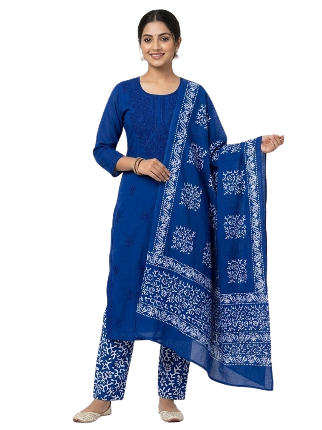 Pure Cotton Batik Lucknowi Blue Unstitched Dress Material with Cotton Dupatta (Festive Wear)