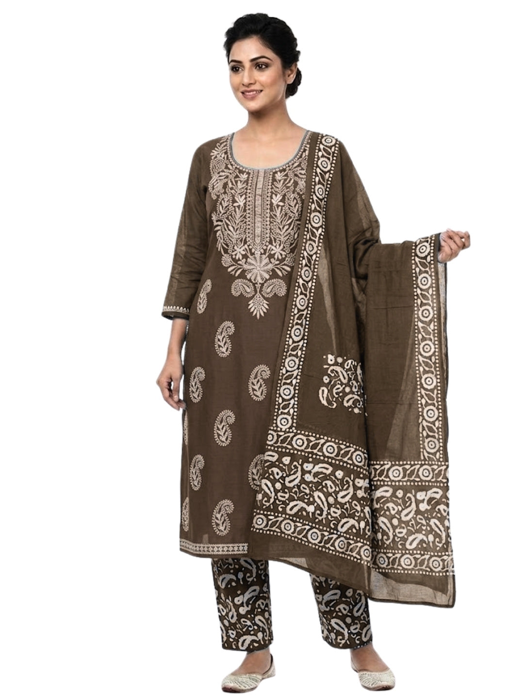 Pure Cotton Batik Lucknowi Lakda Brown & White Unstitched Dress Material with Cotton Dupatta (Office Wear)