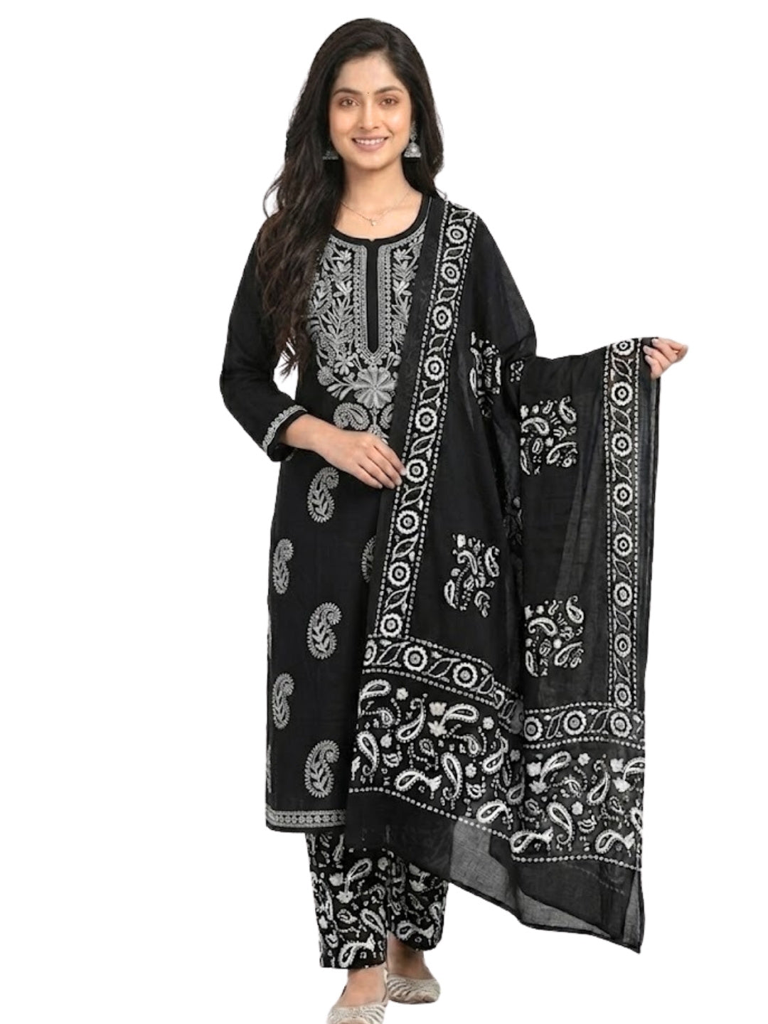 Pure Cotton Batik Lucknowi Black & White Unstitched Dress Material with Cotton Dupatta (Summer Wear)