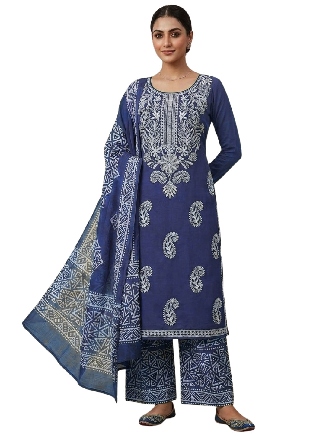 Pure Cotton Batik Lucknowi Indigo & White Unstitched Dress Material with Cotton Dupatta (Summer Wear)