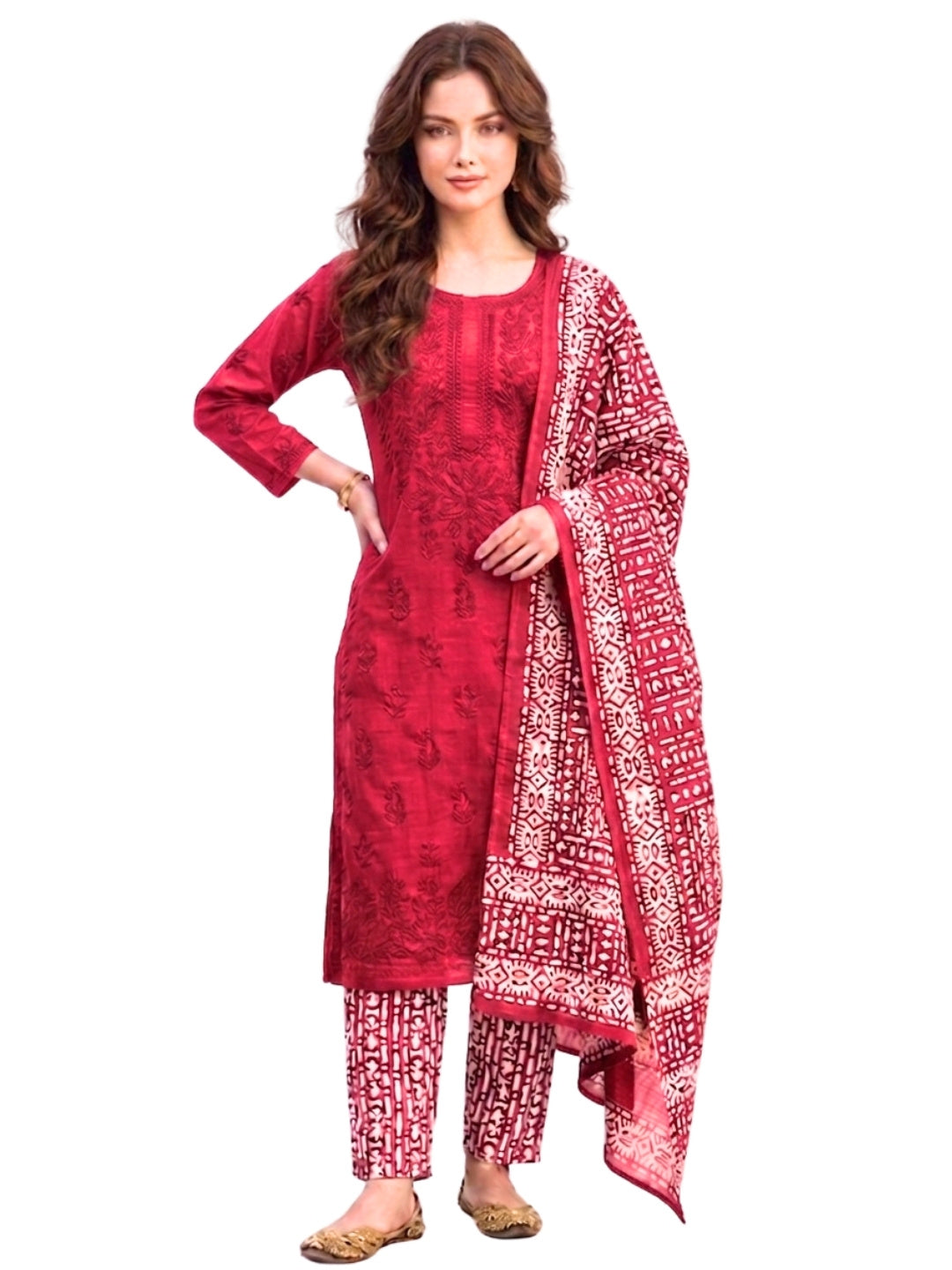Pure Cotton Batik Lucknowi Pink Unstitched Dress Material with Cotton Dupatta (Ethnic Wear)
