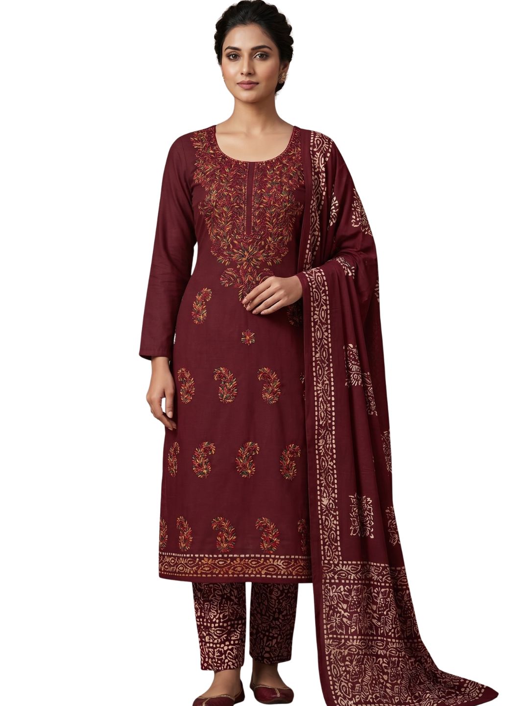 Pure Cotton Multi-Thread Lucknowi Chikankari Maroon Unstitched Dress Material with Cotton Dupatta (Ethnic Wear)