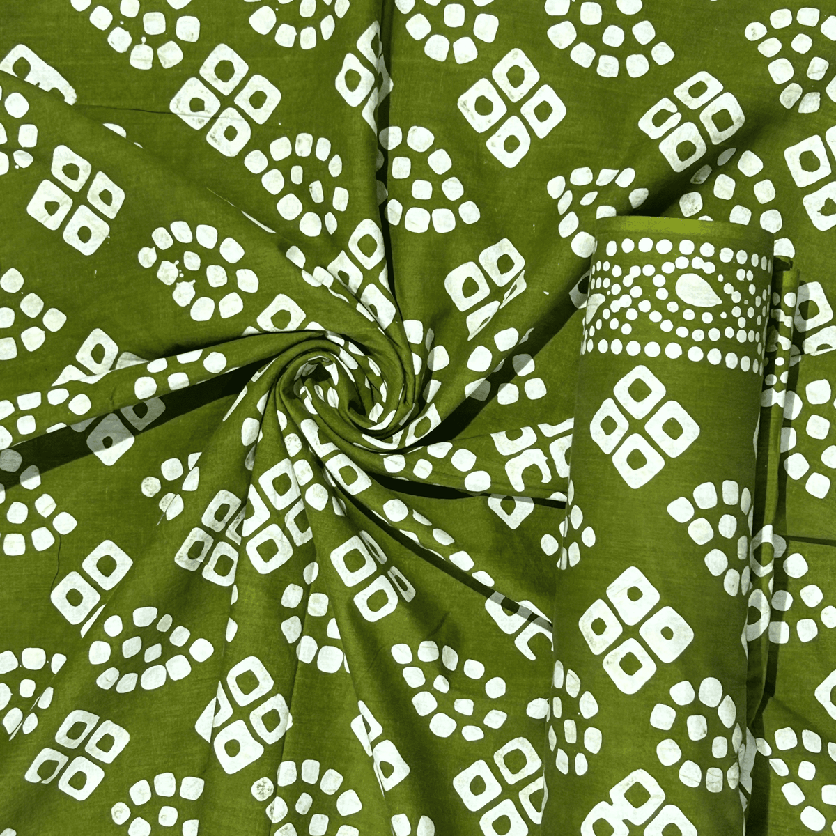 Graceful Mehndi Green Hand Batik Print Pure Cotton Fabric – 3 meters (Kurta Stitching)