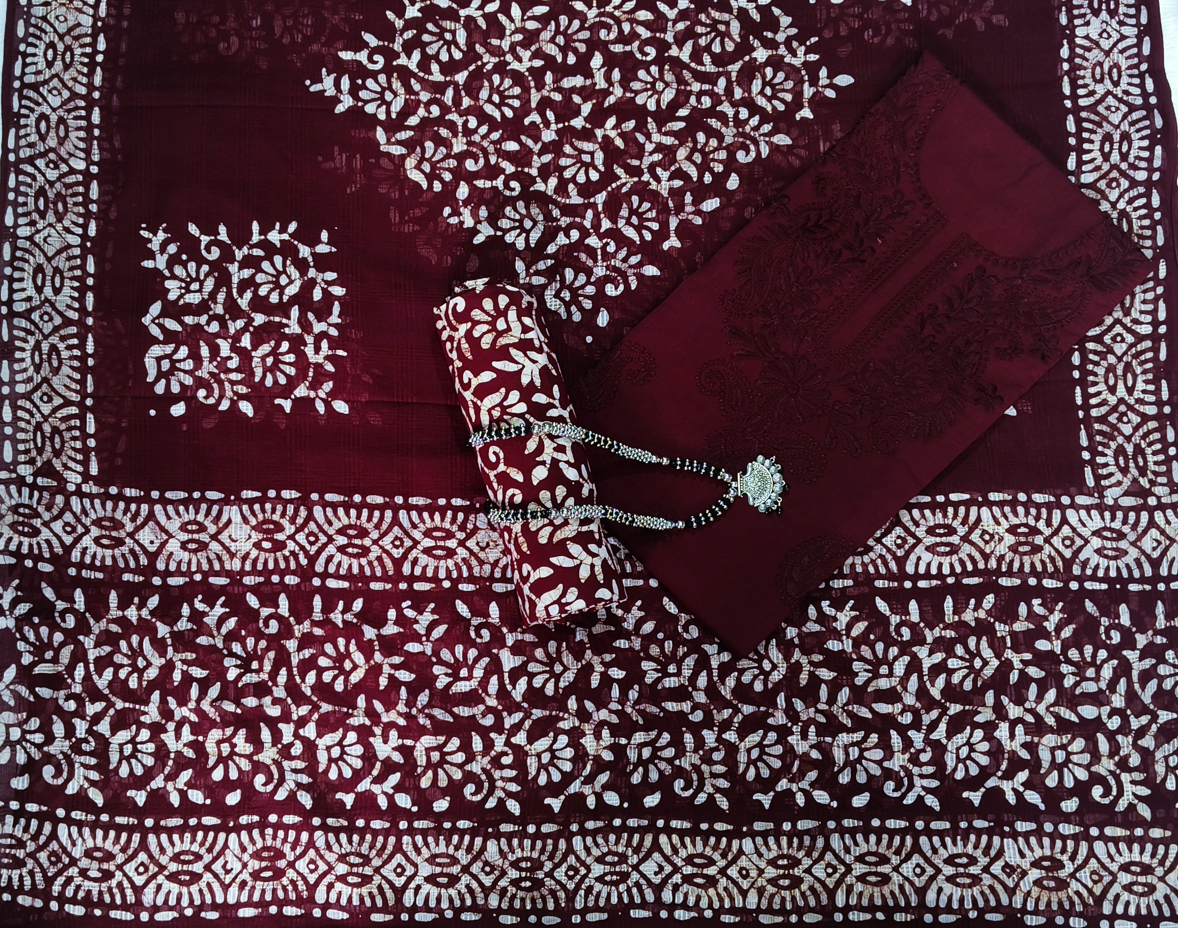 Bombay Batik Pure Cotton Dress Material Fusion Batik Printing with Lucknowi Work – Maroon Batik