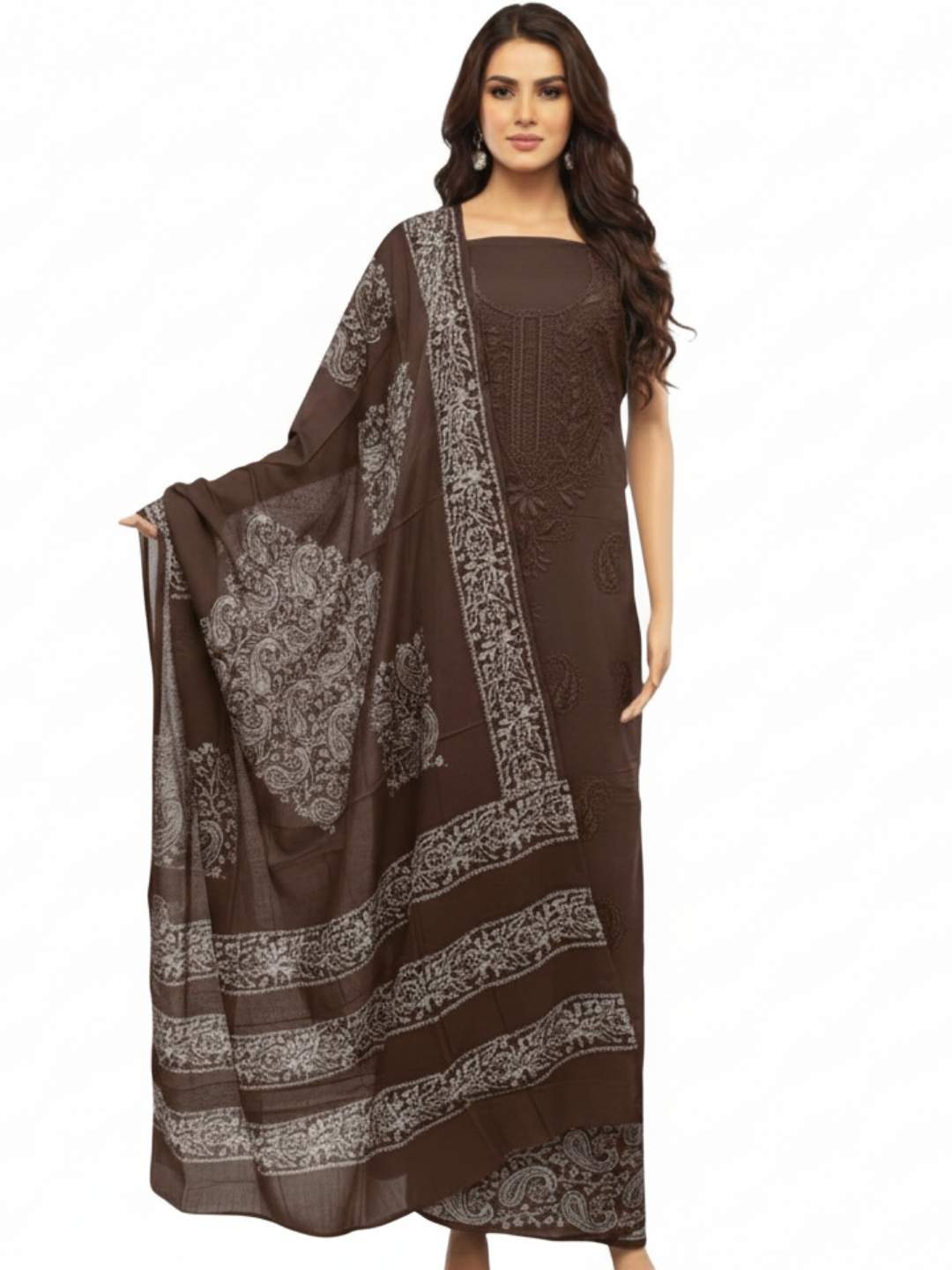 Pure Cotton Batik Lucknowi Lakda Brown Unstitched Dress Material with Cotton Dupatta (Festive Wear)