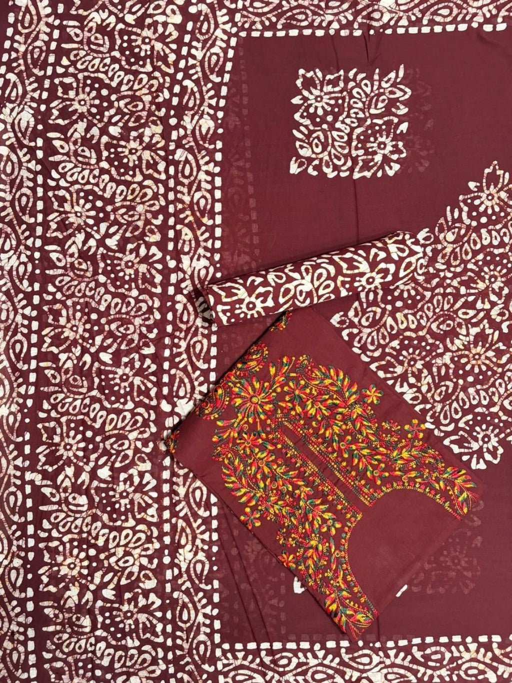 Pure Cotton Multi-Thread Lucknowi Chikankari Maroon Unstitched Dress Material with Cotton Dupatta (Ethnic Wear)