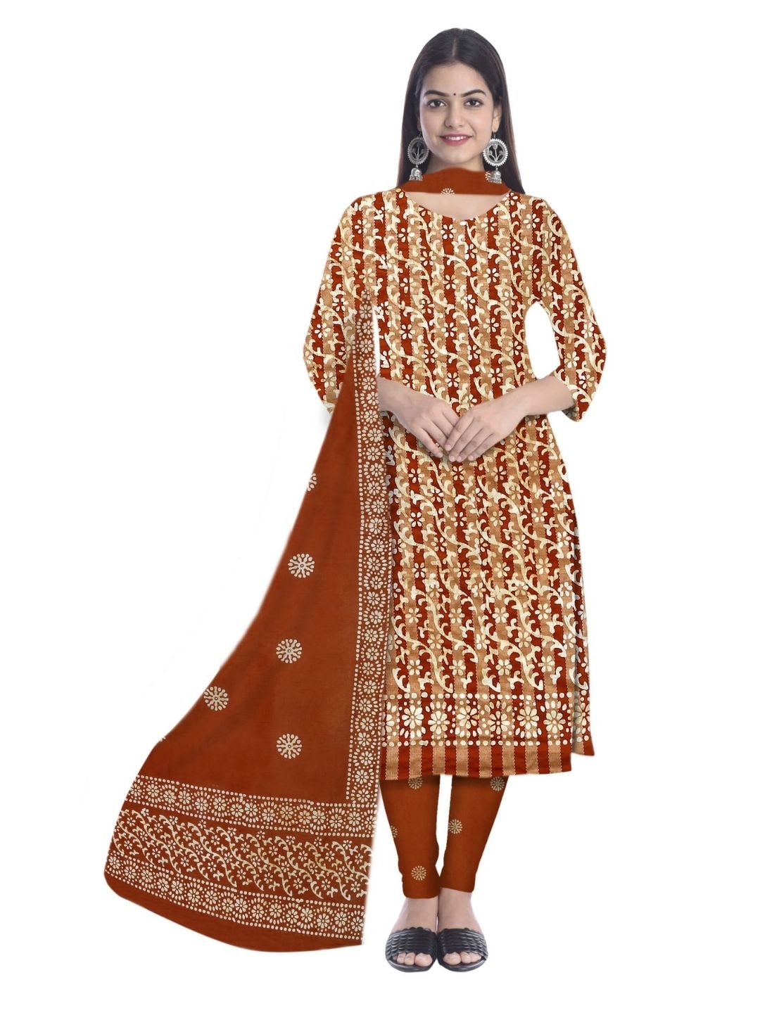 Mustard Hand Block Printed Cotton Dress Material With Dupatta