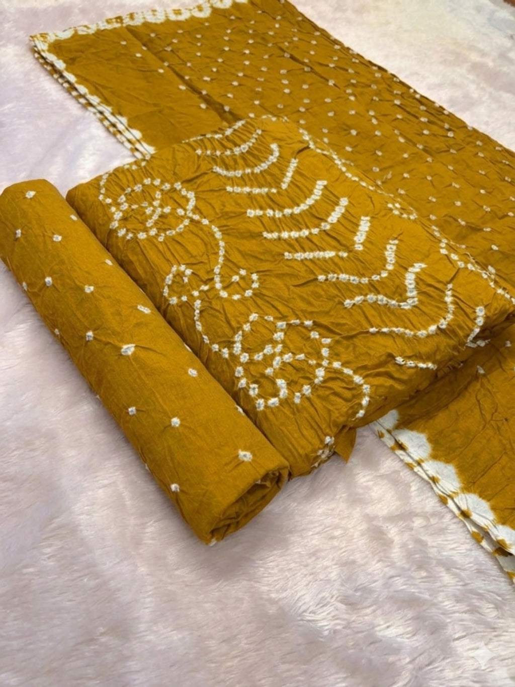 Pure Cotton Handcrafted Bandhani Suit Set With Dupatta – Mustard Rajkot Collection