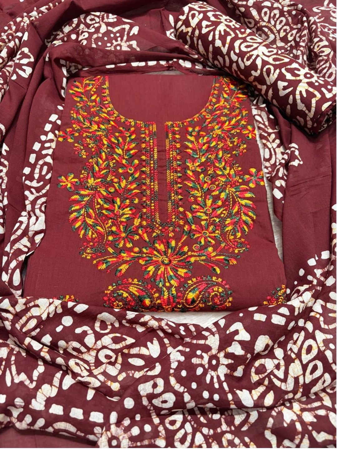 Pure Cotton Multi-Thread Lucknowi Chikankari Maroon Unstitched Dress Material with Cotton Dupatta (Ethnic Wear)