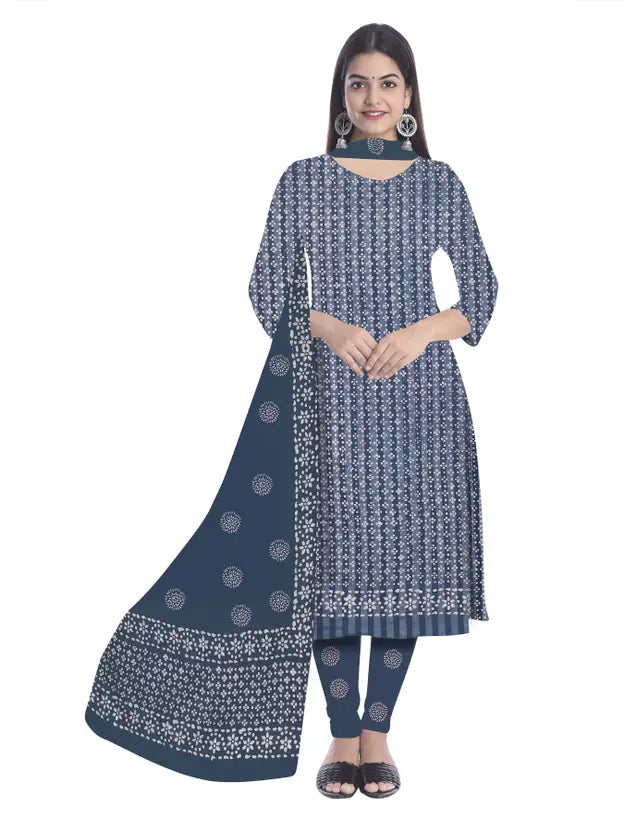 Grey Hand Block Printed Churidar Material With Dupatta