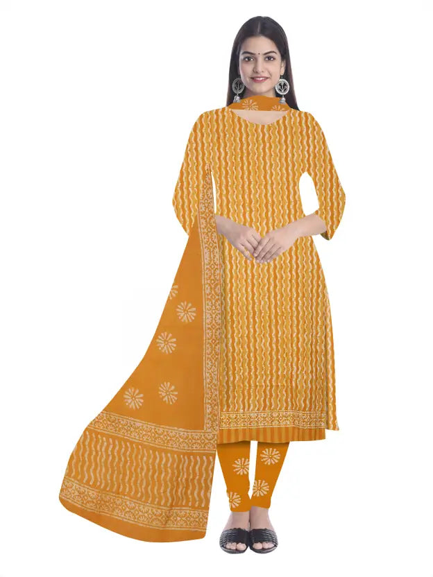 Yellow Unstitched  Batik Print Salwar Suit With Dupatta