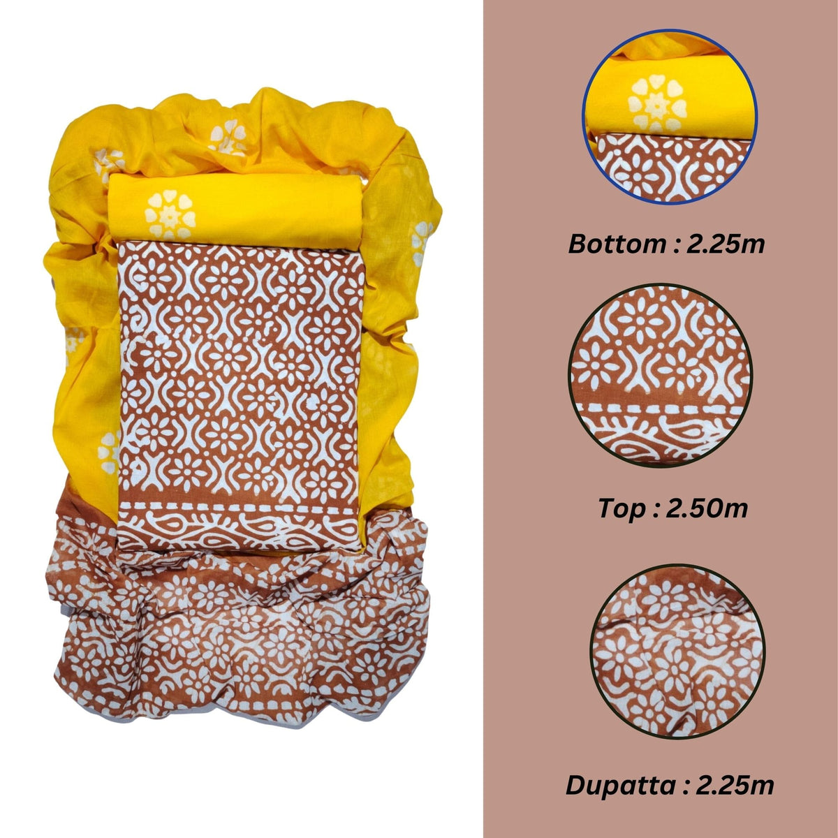 Brown & Yellow Soft  Batik Print Salwar Suit With Dupatta