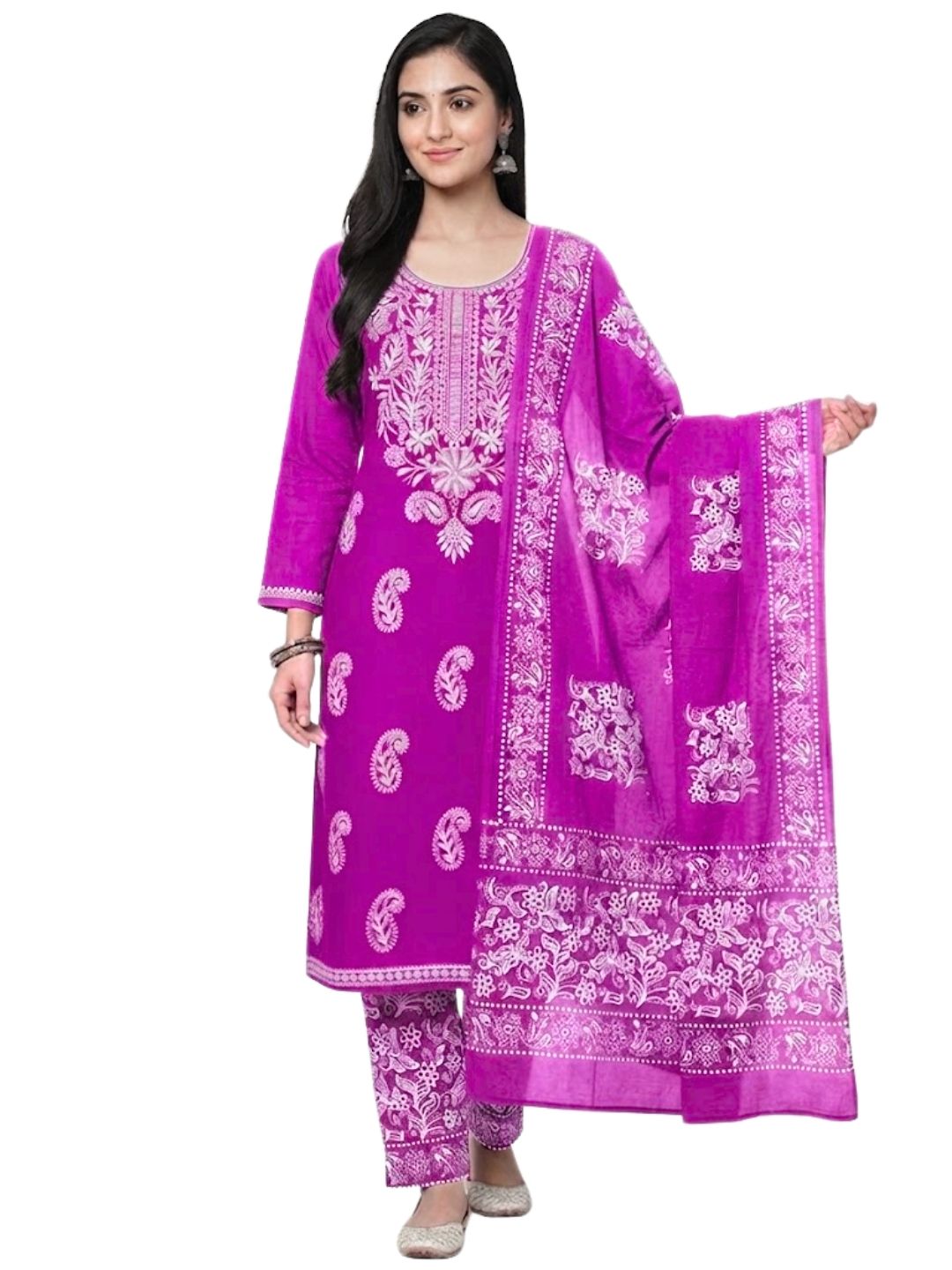 Pure Cotton Batik Lucknowi Magenta & White Unstitched Dress Material with Cotton Dupatta (Ethnic Wear)