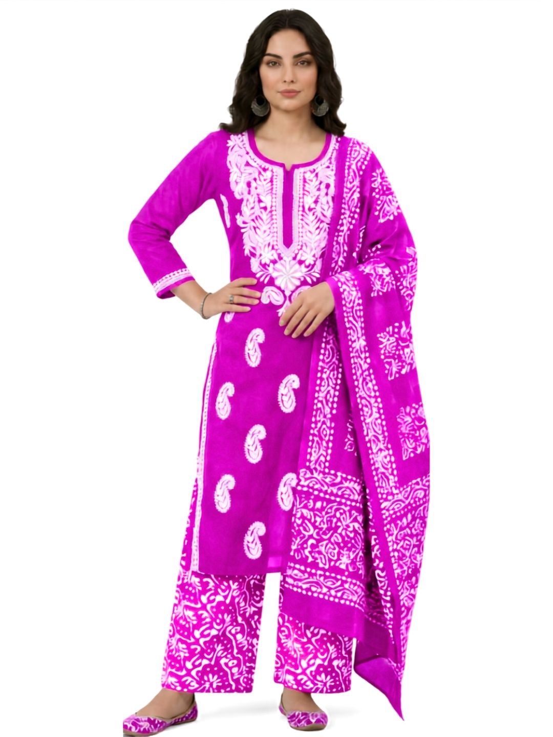 Pure Cotton Batik Lucknowi Magenta & White Unstitched Dress Material with Cotton Dupatta (Everyday Wear)