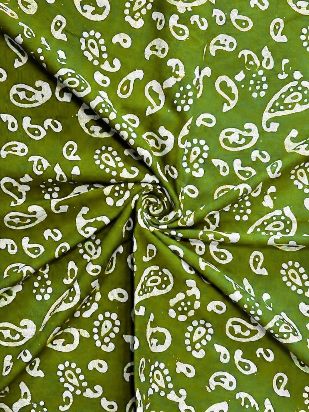 Mehndi Green Hand Batik Print Pure Cotton Fabric – 3 meters (Daily Wear Stitching)