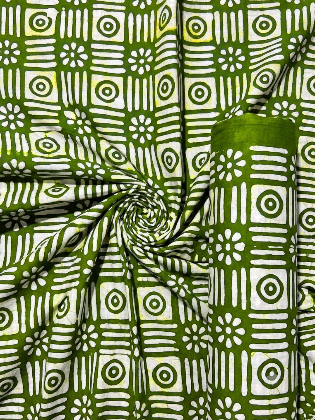 Mehndi Green Hand Batik Print Pure Cotton Fabric – 3 meters (Top Stitching)