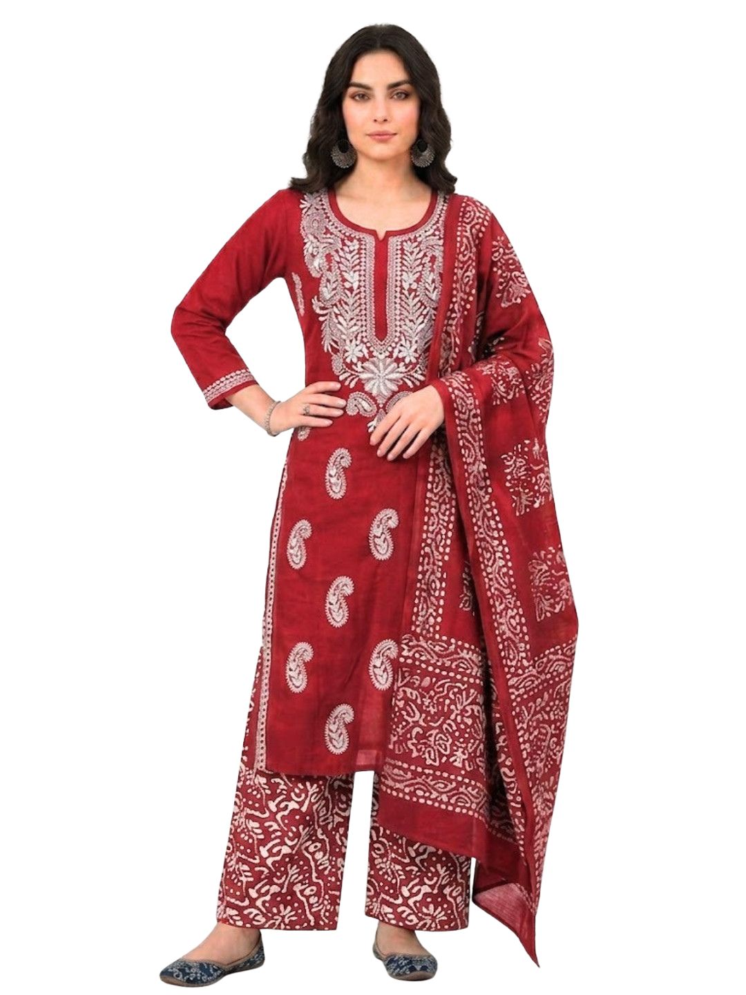 Pure Cotton Batik Lucknowi Red & White Unstitched Dress Material with Cotton Dupatta (Ethnic Wear)