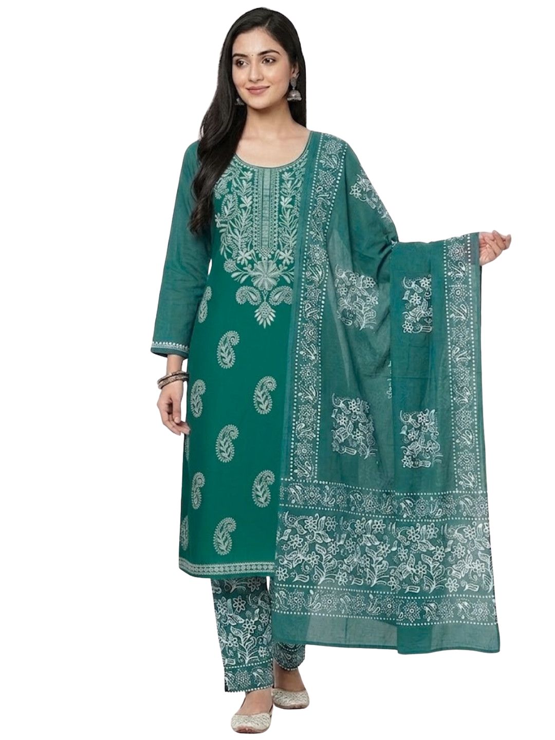 Pure Cotton Batik Lucknowi Teal Green & White Unstitched Dress Material with Cotton Dupatta (Occasion Wear)